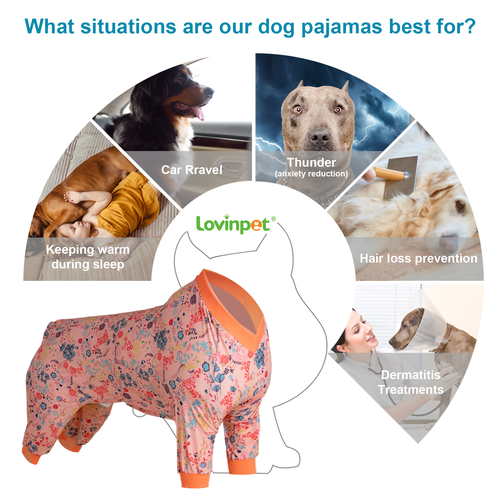 LovinPet Large Dog Pajama - Delicate Floral Peach Pink Design Full-Body Sleepwear