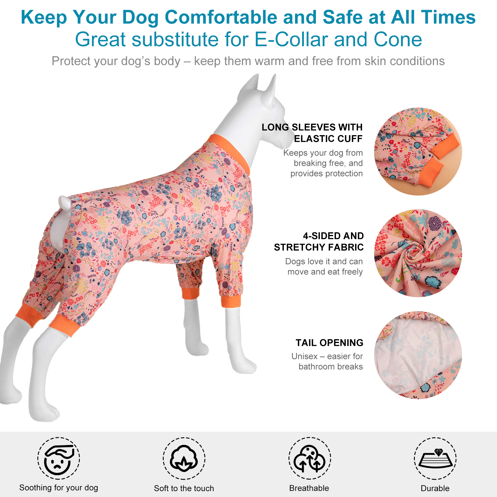 LovinPet Large Dog Pajama - Delicate Floral Peach Pink Design Full-Body Sleepwear