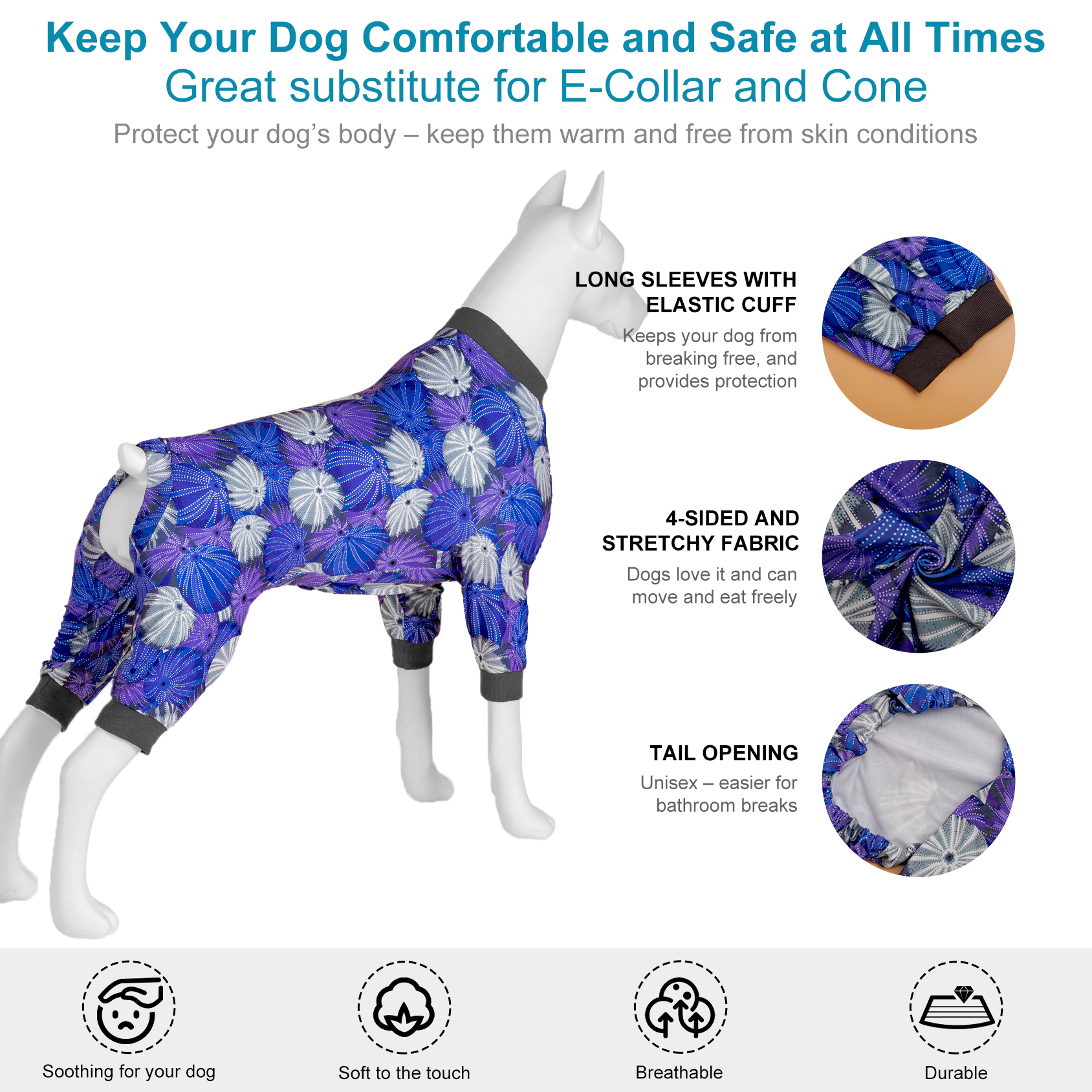 LovinPet Large Dog Pajama - Stylish Purple and Blue Abstract Floral Design