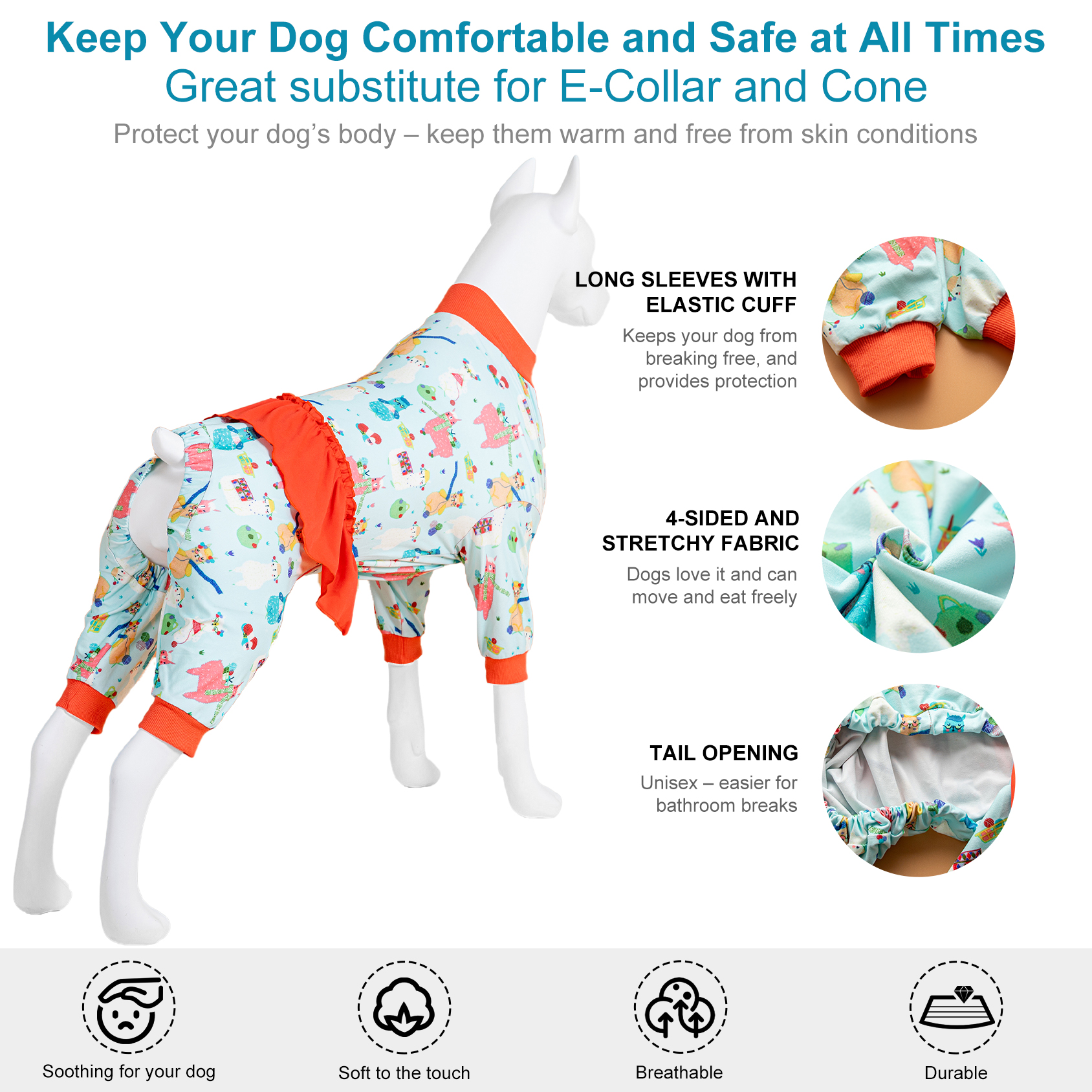 LovinPet Large Dog Jumpsuit Pajama - Playful Llama and Alpaca Print with Frilled Skirt