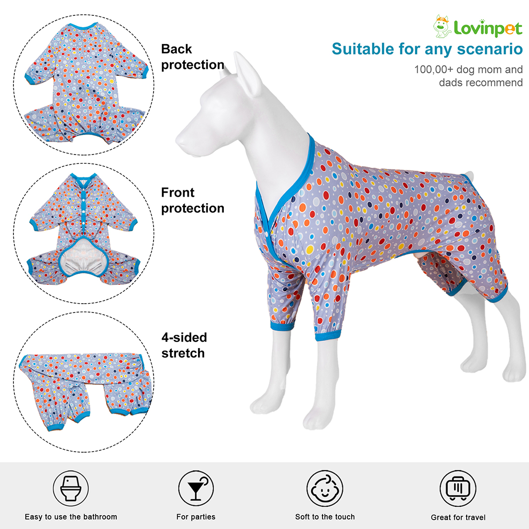 LovinPet Large Dog Pajama - Multi-Colored Polka Dot Print on Grey Pajamas for Large Dogs