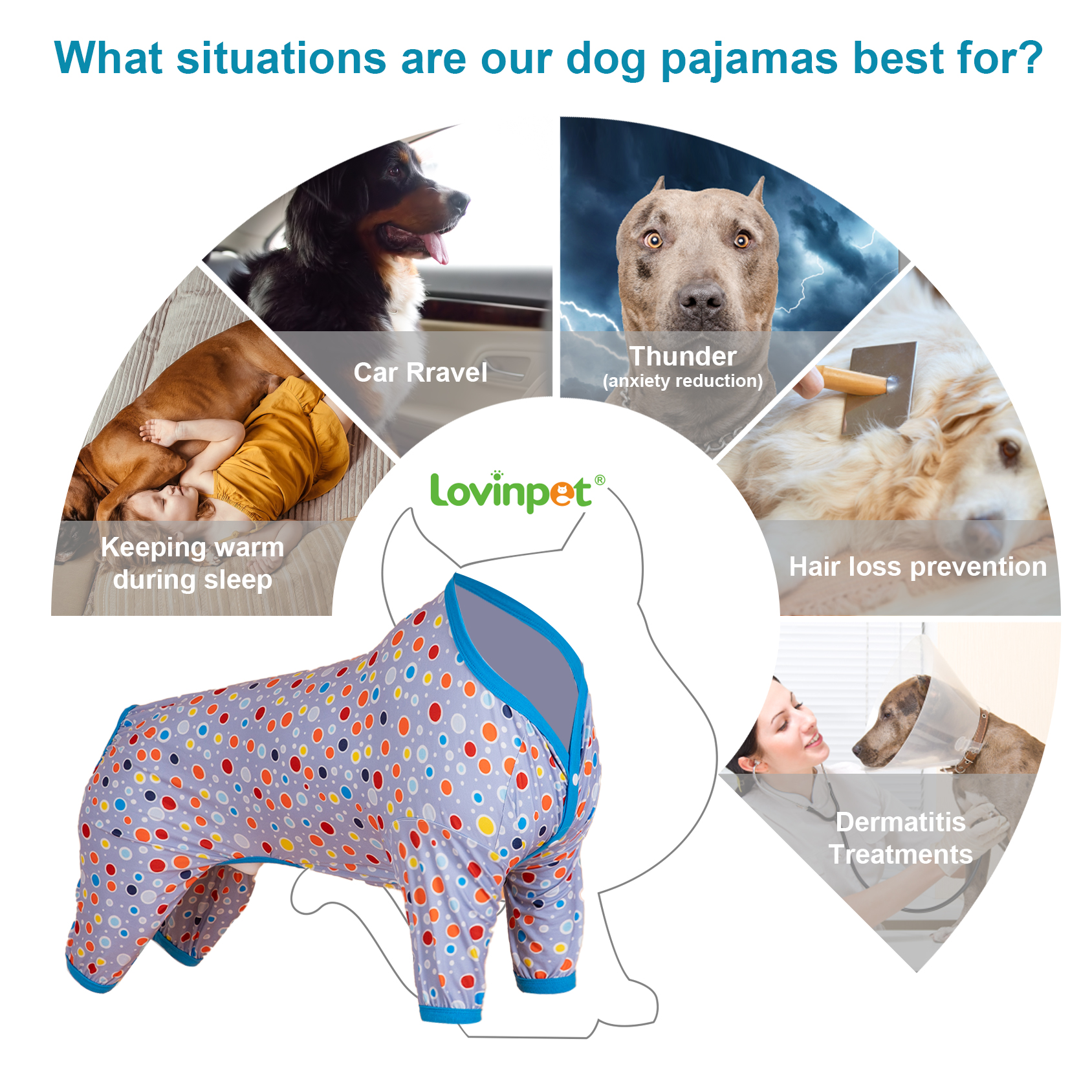 LovinPet Large Dog Pajama - Multi-Colored Polka Dot Print on Grey Pajamas for Large Dogs