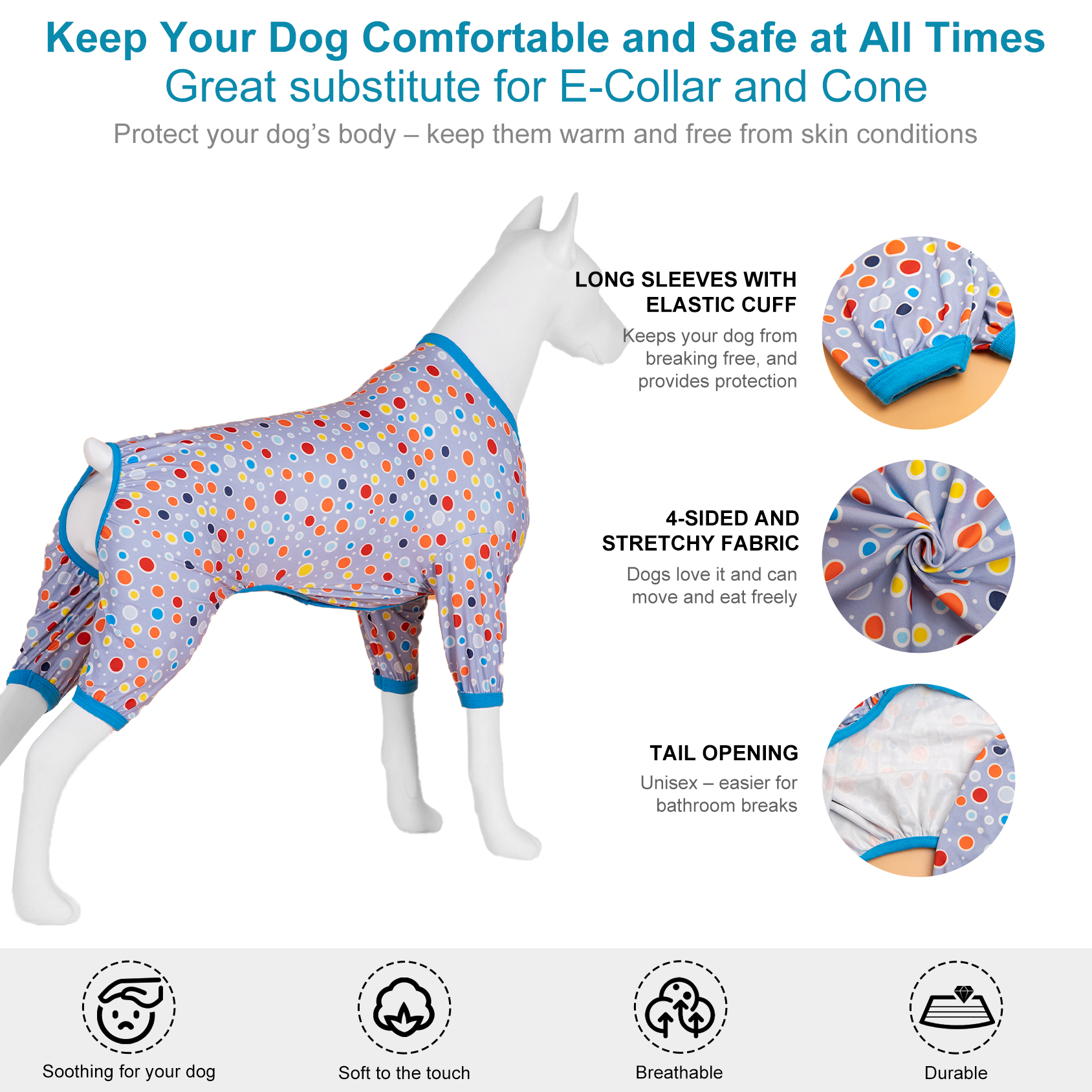 LovinPet Large Dog Pajama - Multi-Colored Polka Dot Print on Grey Pajamas for Large Dogs