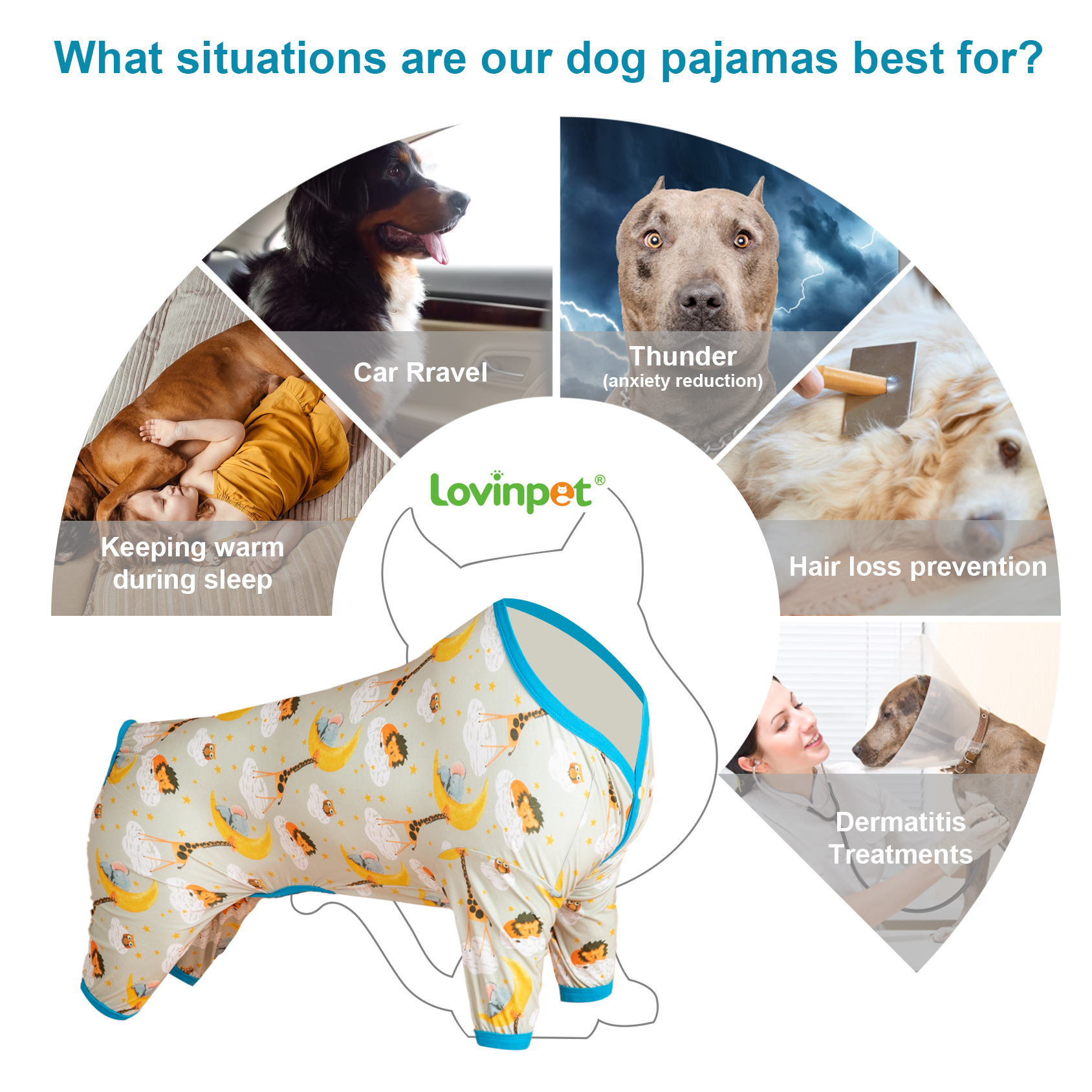 LovinPet Large Dog Pajamas Onesie - Dreamy Animal Clouds & Moons Design
