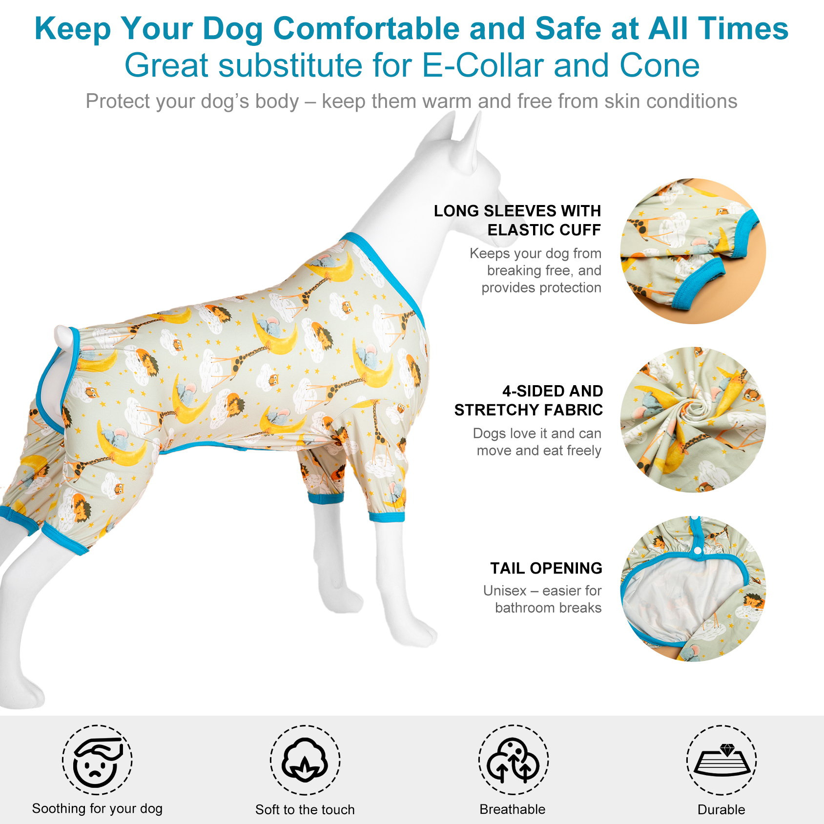 LovinPet Large Dog Pajamas Onesie - Dreamy Animal Clouds & Moons Design