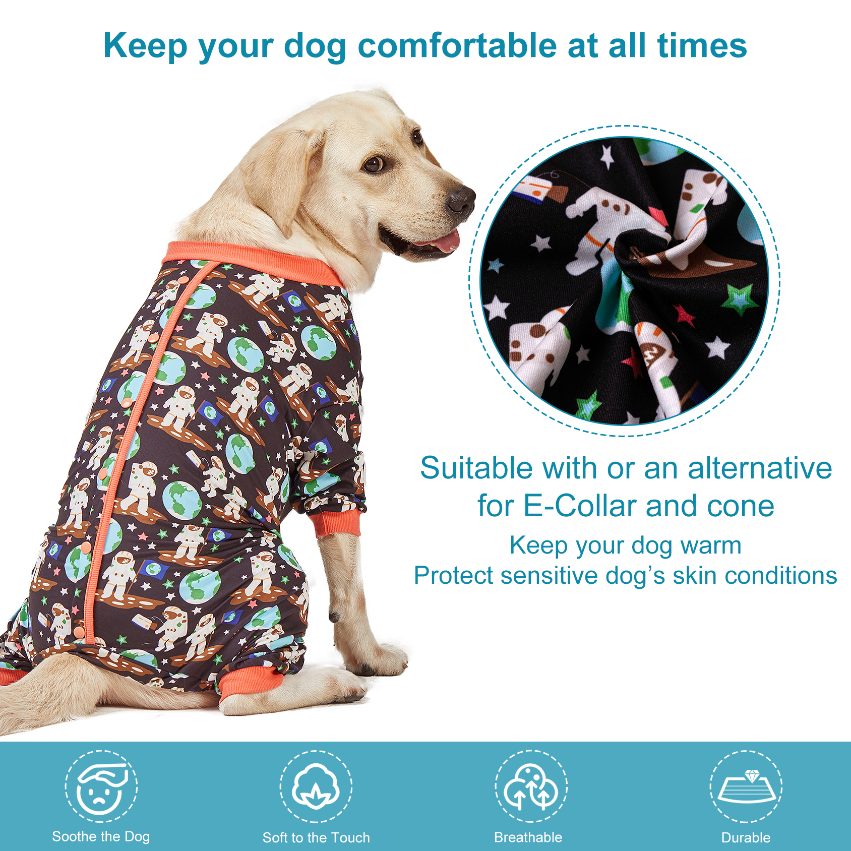 LovinPet Large Dog Pajama - Space Adventure Astronaut Dog Design Full-Body Pajamas with Orange Accents