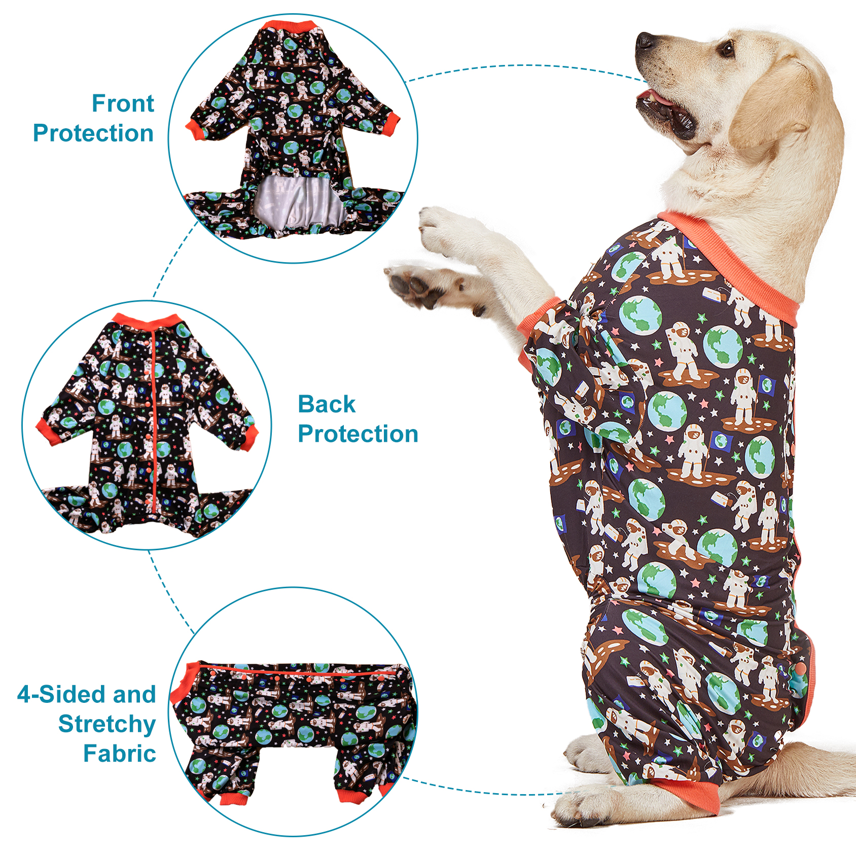 LovinPet Large Dog Pajama - Space Adventure Astronaut Dog Design Full-Body Pajamas with Orange Accents