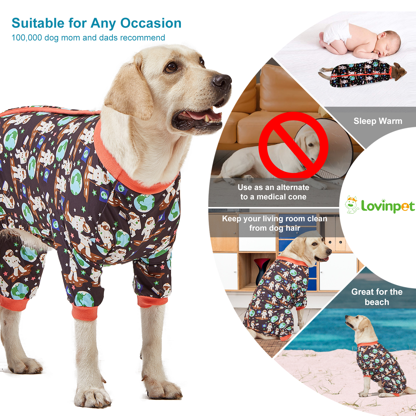 LovinPet Large Dog Pajama - Space Adventure Astronaut Dog Design Full-Body Pajamas with Orange Accents