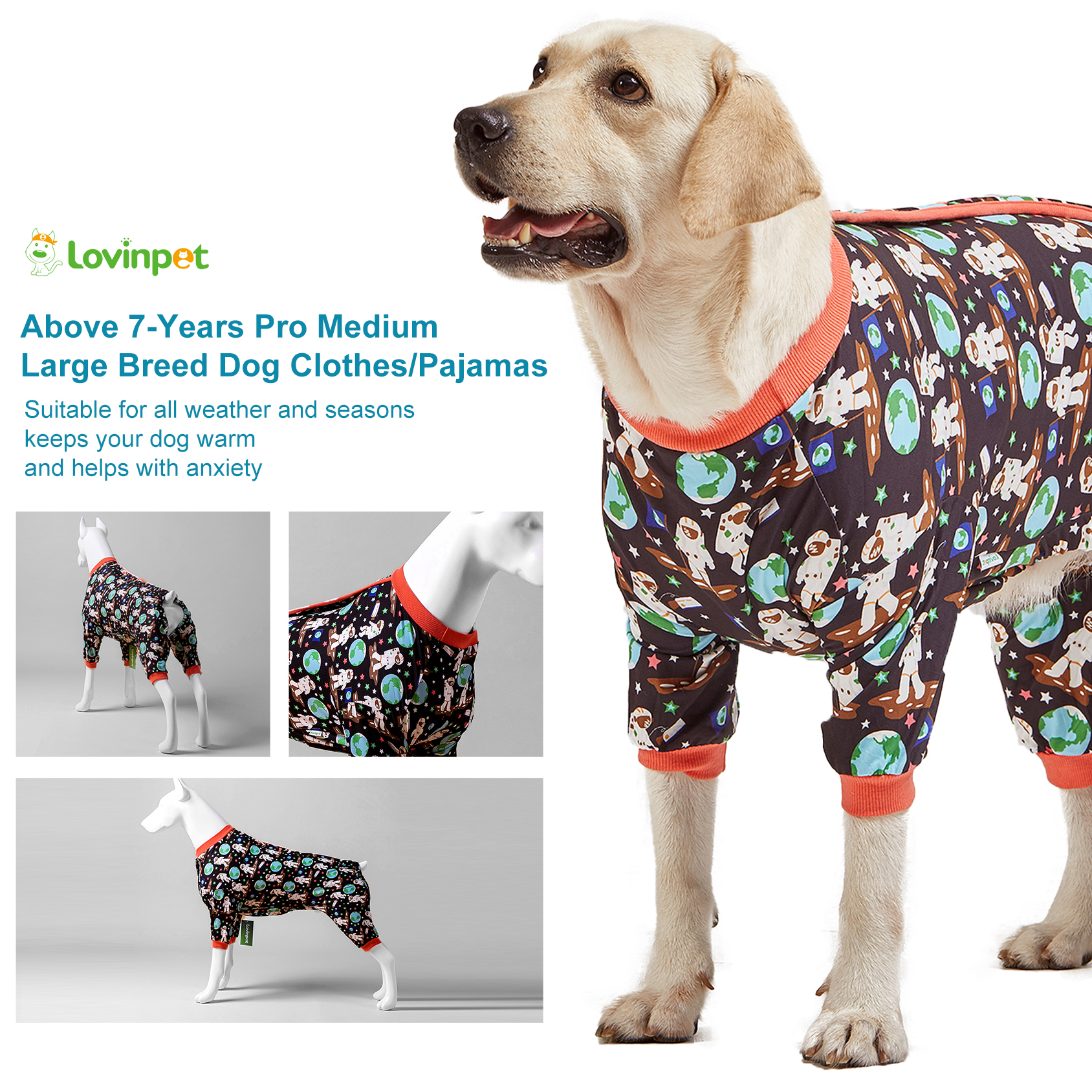 LovinPet Large Dog Pajama - Space Adventure Astronaut Dog Design Full-Body Pajamas with Orange Accents