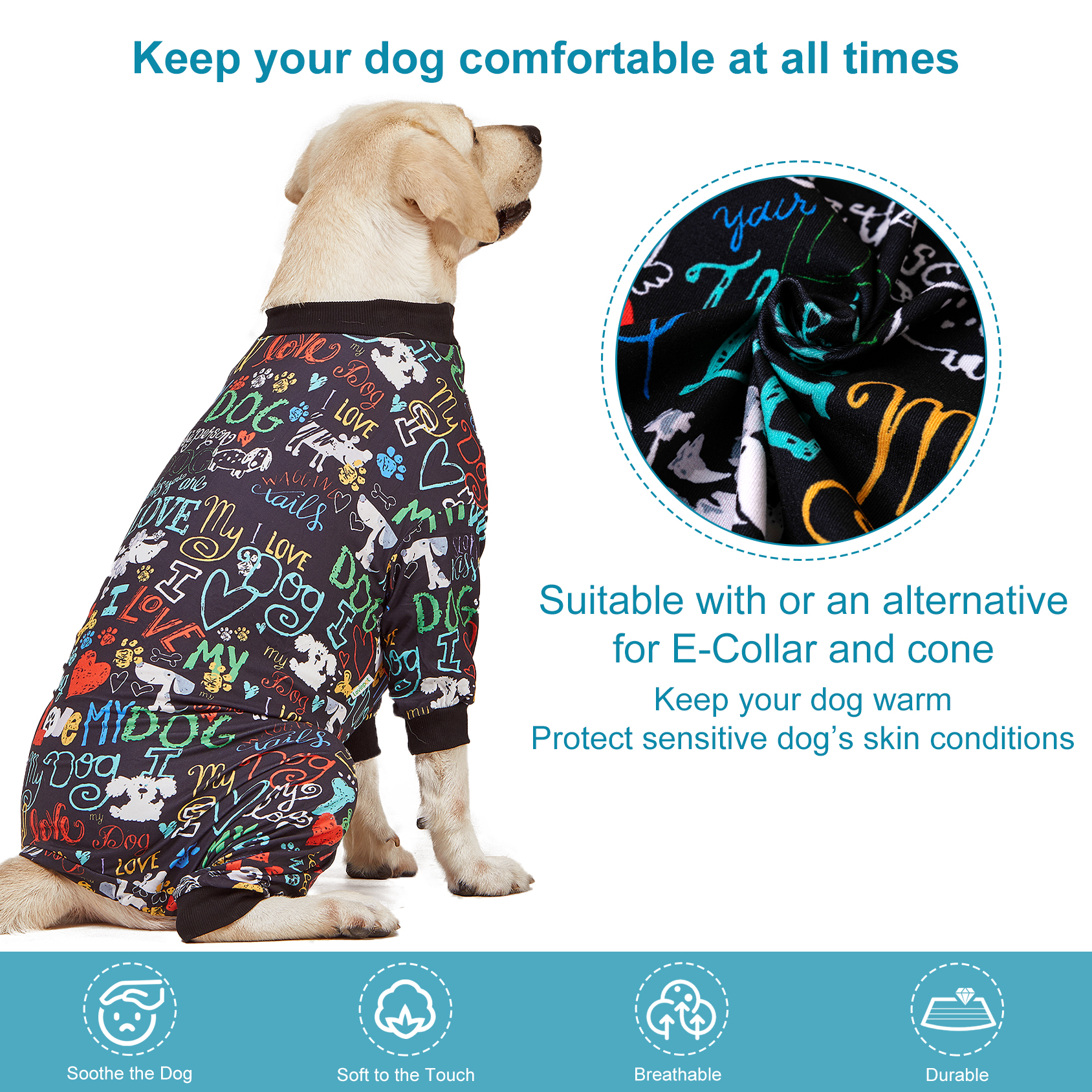 LovinPet Large Dog Pajamas, Wound Care/Post Surgery Shirt, UV Protection, Love My Dog Text on Black Print, UV Protection, Pet Anxiety Relief, Large Dog Onesies, Pet Pj's