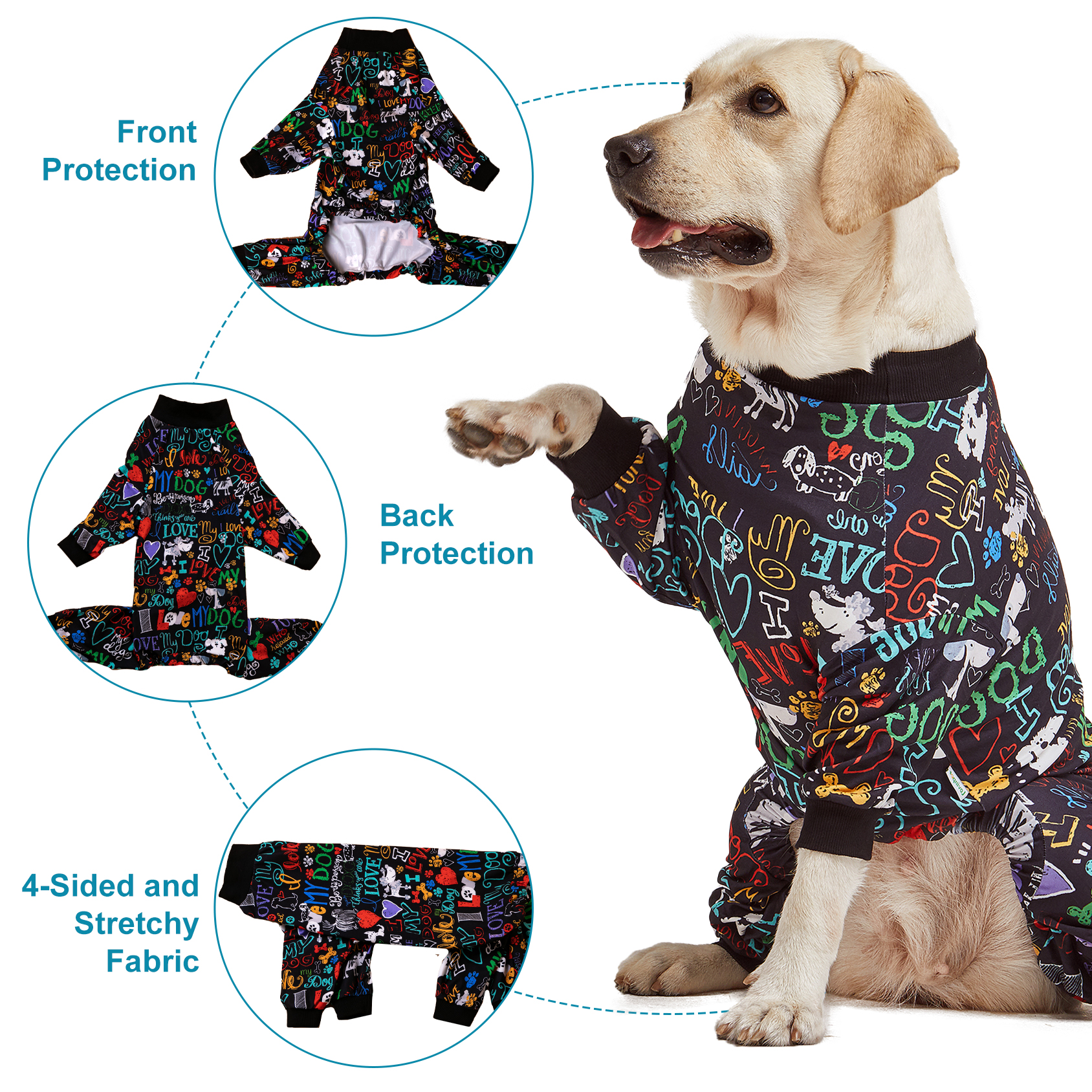 LovinPet Large Dog Pajamas, Wound Care/Post Surgery Shirt, UV Protection, Love My Dog Text on Black Print, UV Protection, Pet Anxiety Relief, Large Dog Onesies, Pet Pj's
