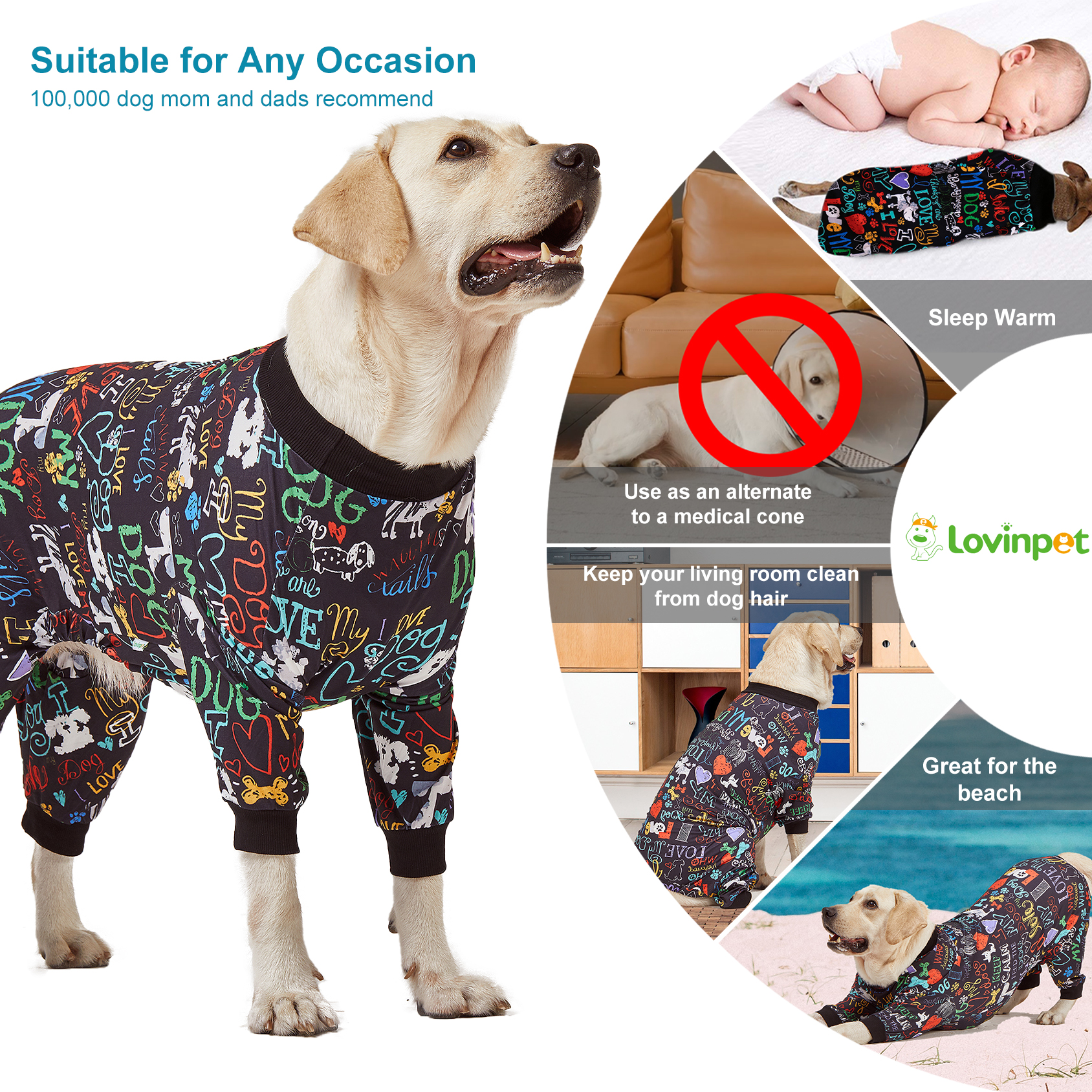 LovinPet Large Dog Pajamas, Wound Care/Post Surgery Shirt, UV Protection, Love My Dog Text on Black Print, UV Protection, Pet Anxiety Relief, Large Dog Onesies, Pet Pj's