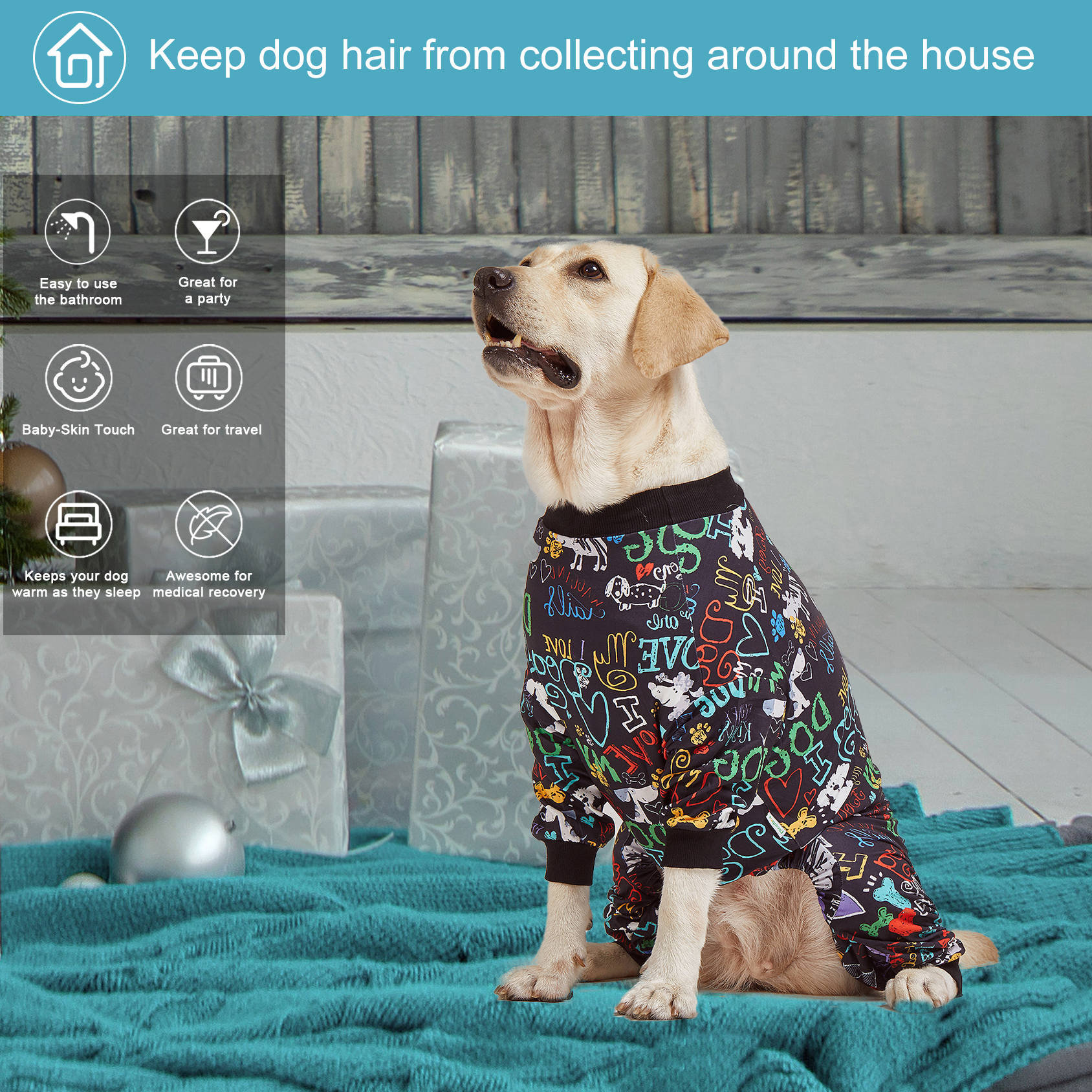 LovinPet Large Dog Pajamas, Wound Care/Post Surgery Shirt, UV Protection, Love My Dog Text on Black Print, UV Protection, Pet Anxiety Relief, Large Dog Onesies, Pet Pj's