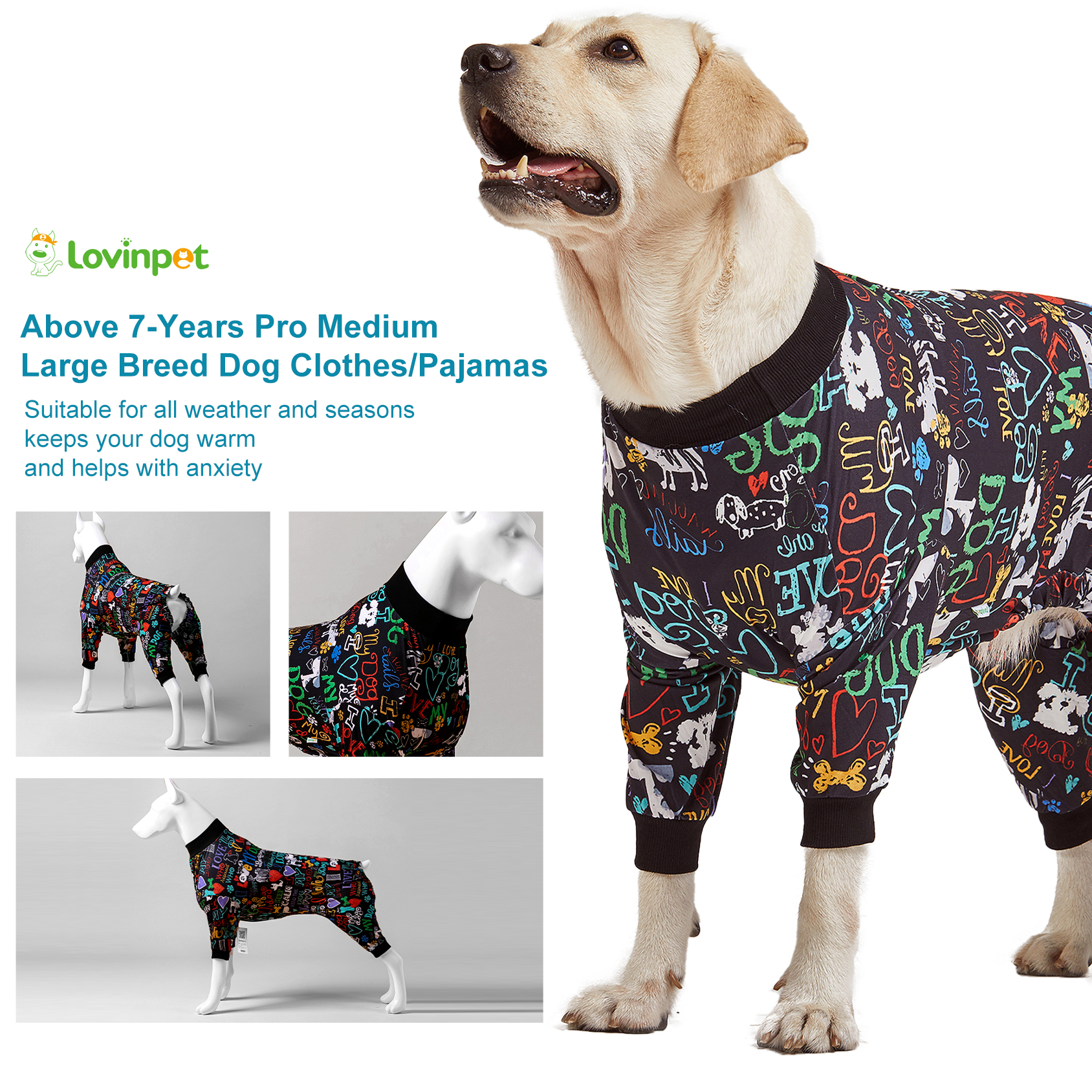 LovinPet Large Dog Pajamas, Wound Care/Post Surgery Shirt, UV Protection, Love My Dog Text on Black Print, UV Protection, Pet Anxiety Relief, Large Dog Onesies, Pet Pj's