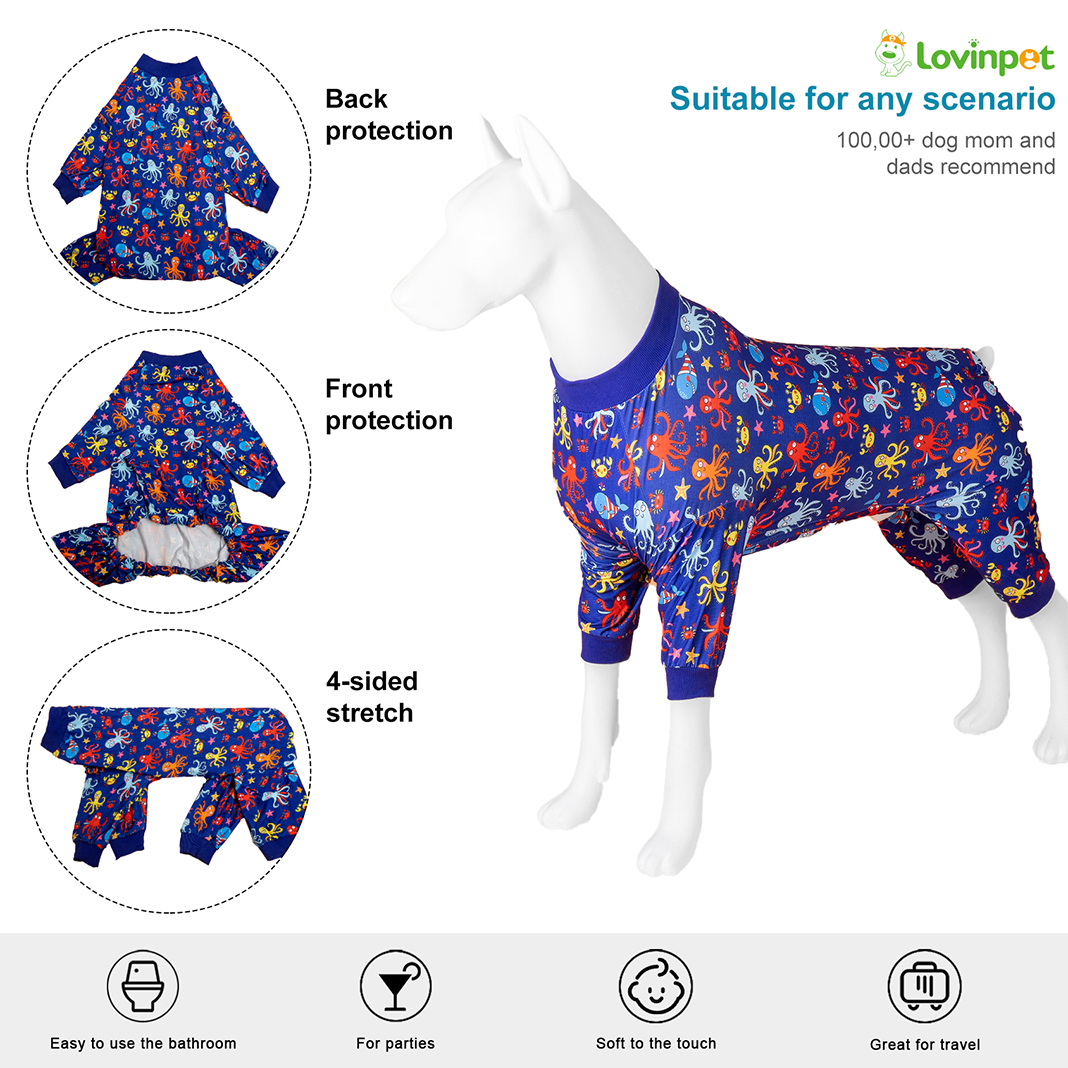 LovinPet Large Dog Pajama - Fun Ocean Octopus and Crab Print Pajamas for Large Dogs