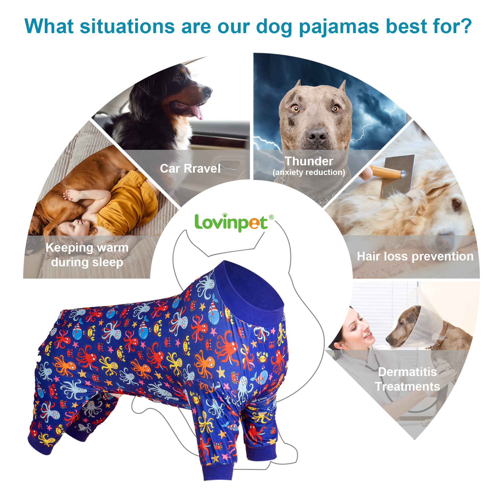 LovinPet Large Dog Pajama - Fun Ocean Octopus and Crab Print Pajamas for Large Dogs