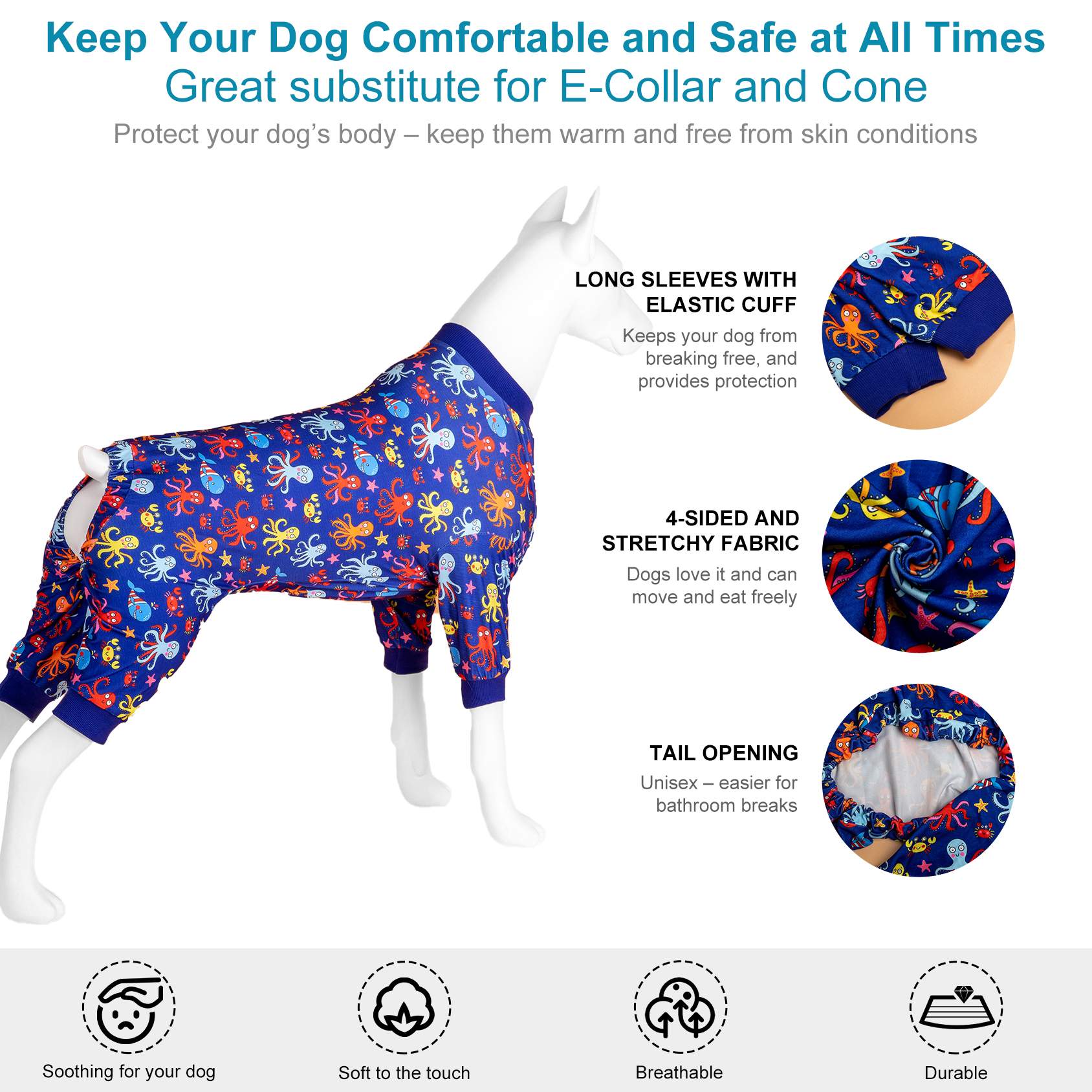 LovinPet Large Dog Pajama - Fun Ocean Octopus and Crab Print Pajamas for Large Dogs