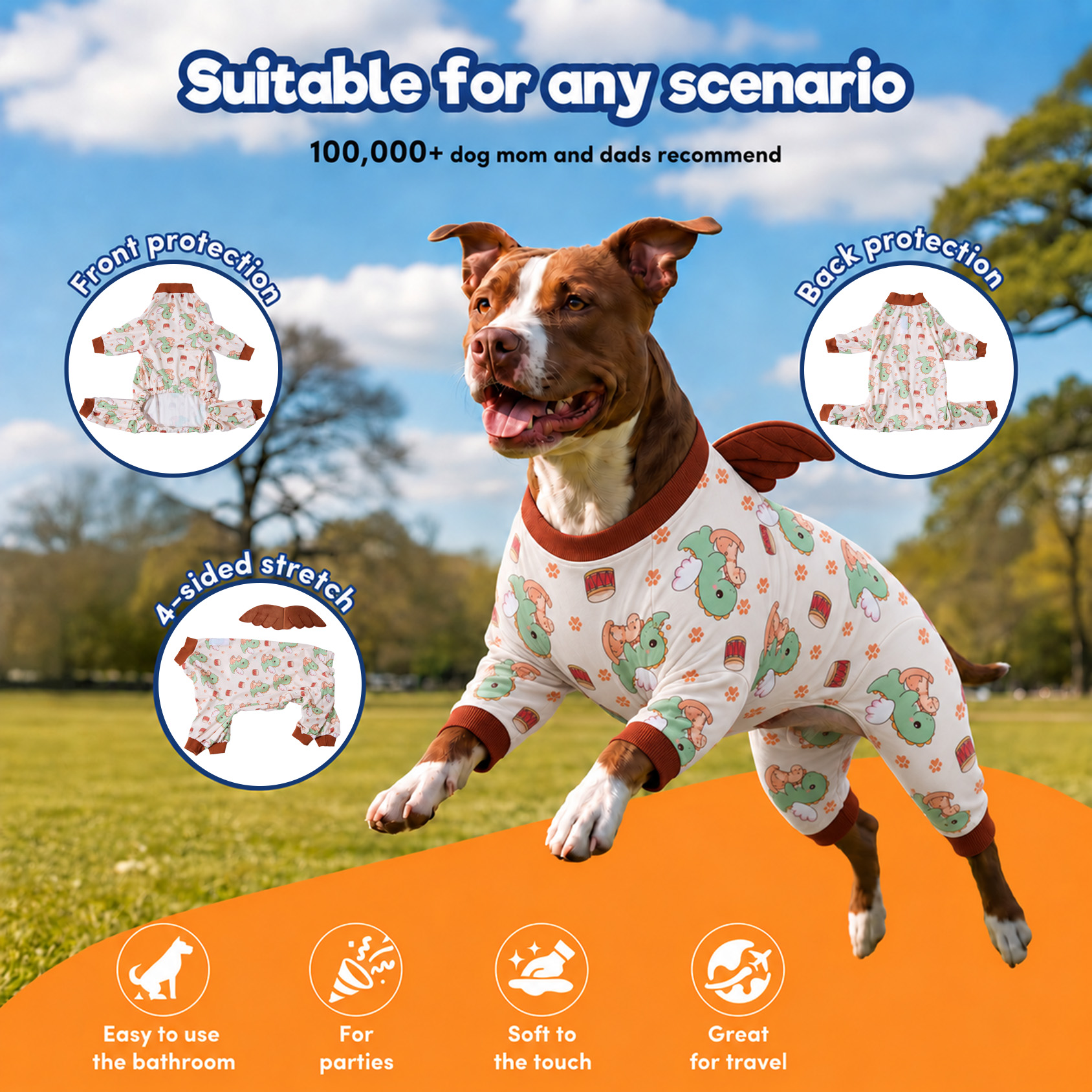LovinPet Large Dog Pajamas with Wings, Dinosaur Print, Cream