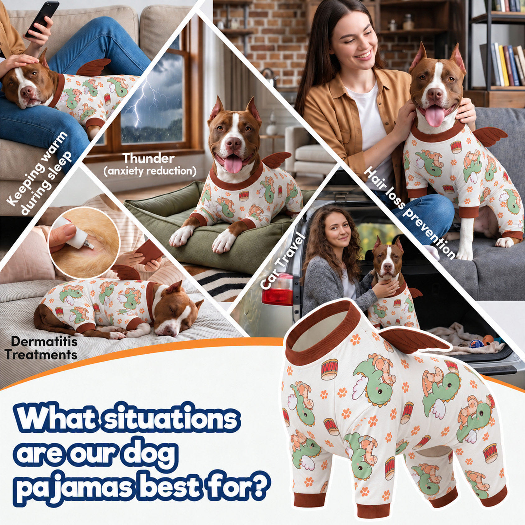 LovinPet Large Dog Pajamas with Wings, Dinosaur Print, Cream