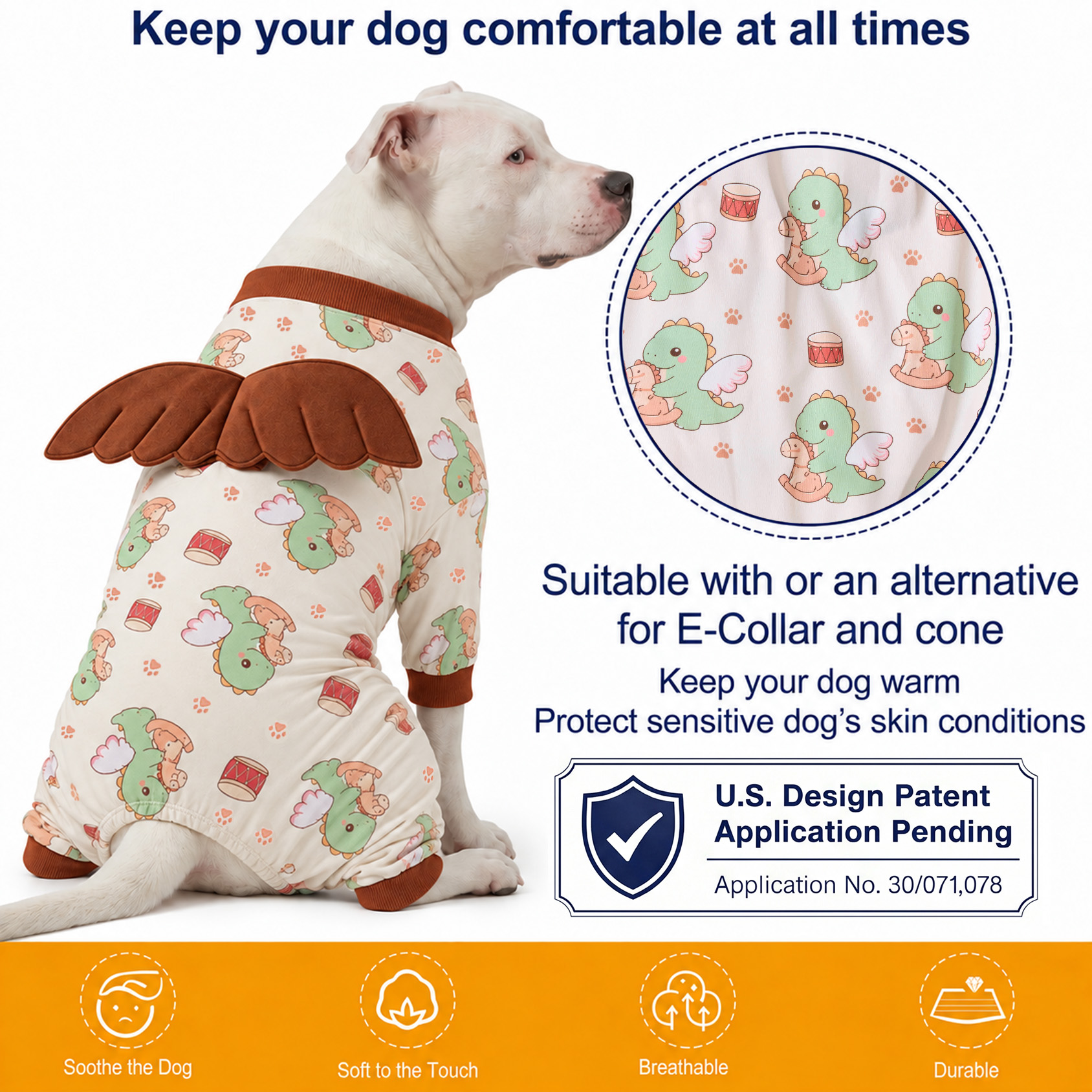 LovinPet Large Dog Pajamas with Wings, Dinosaur Print, Cream
