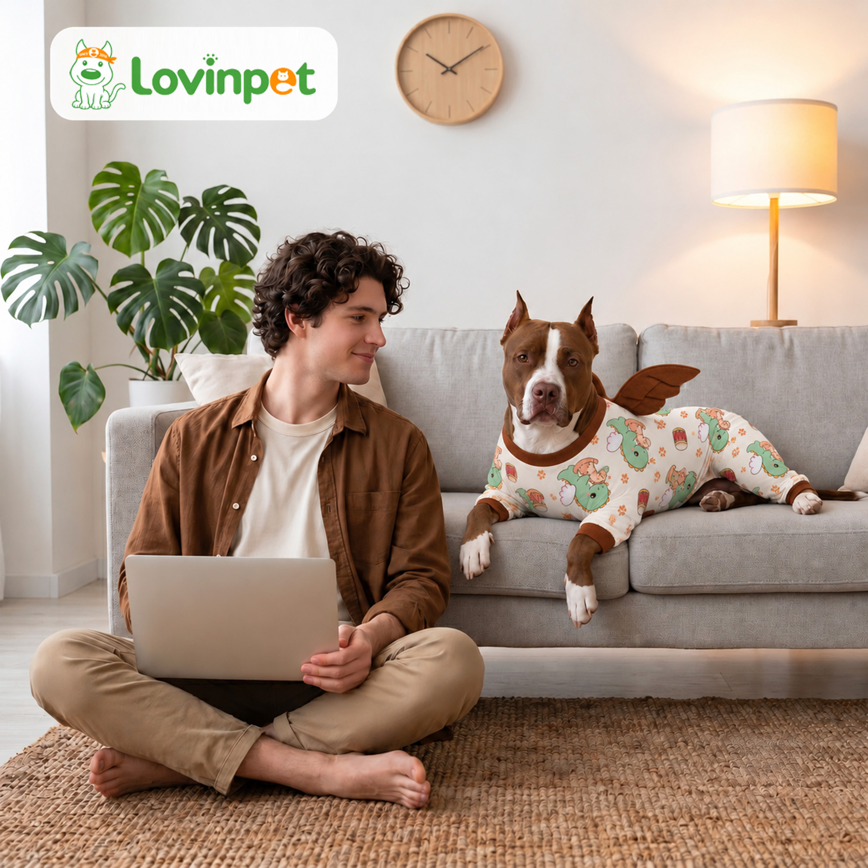 LovinPet Large Dog Pajamas with Wings, Dinosaur Print, Cream