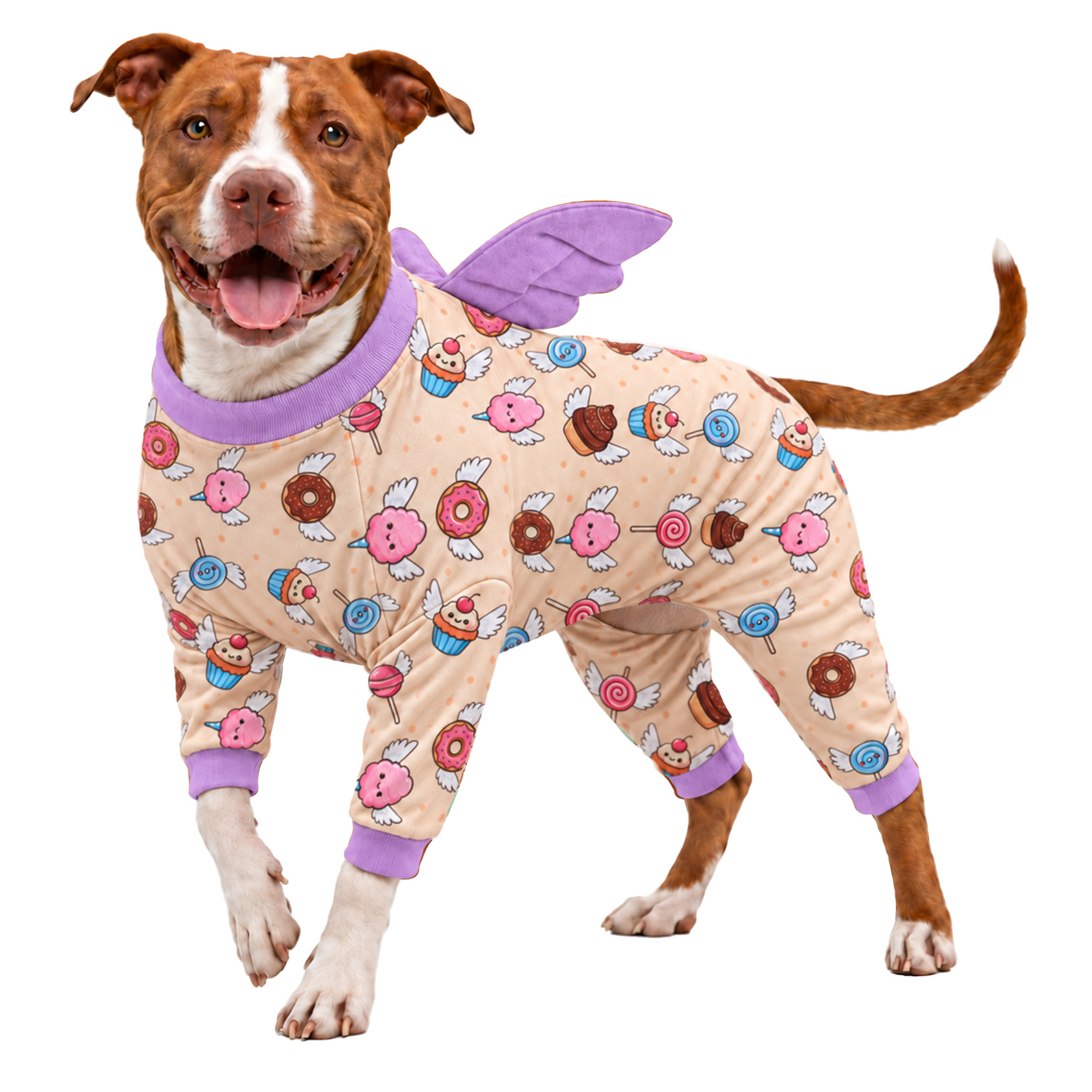 LovinPet Large Dog Pajamas with Wings, Dinosaur Print, Cream