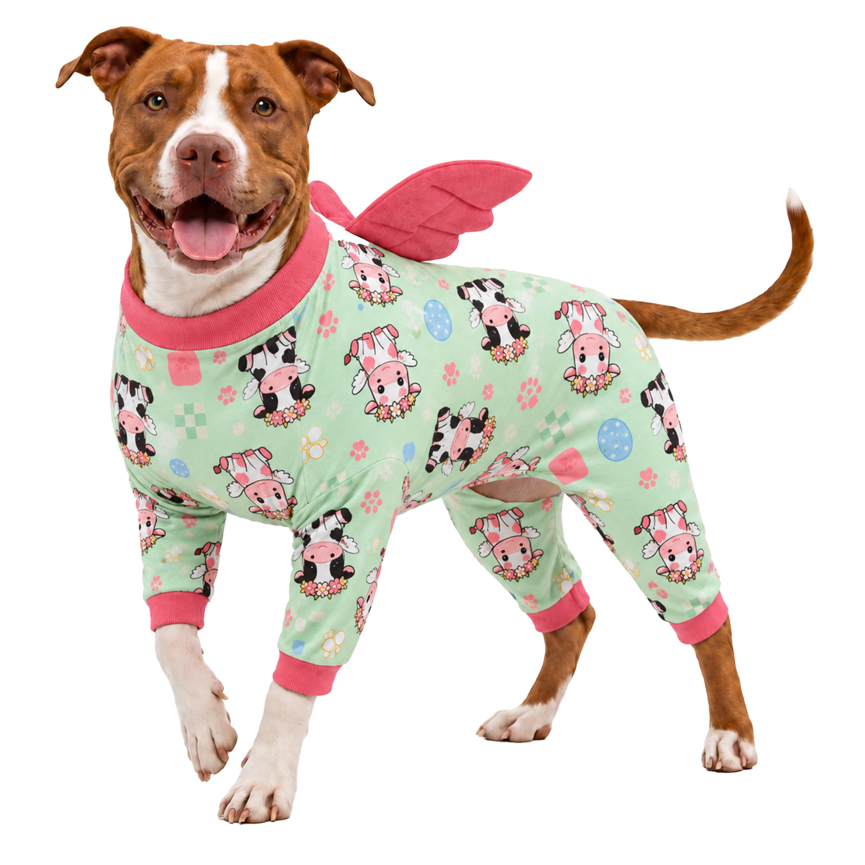 LovinPet Large Dog Pajamas with Wings, Dinosaur Print, Cream