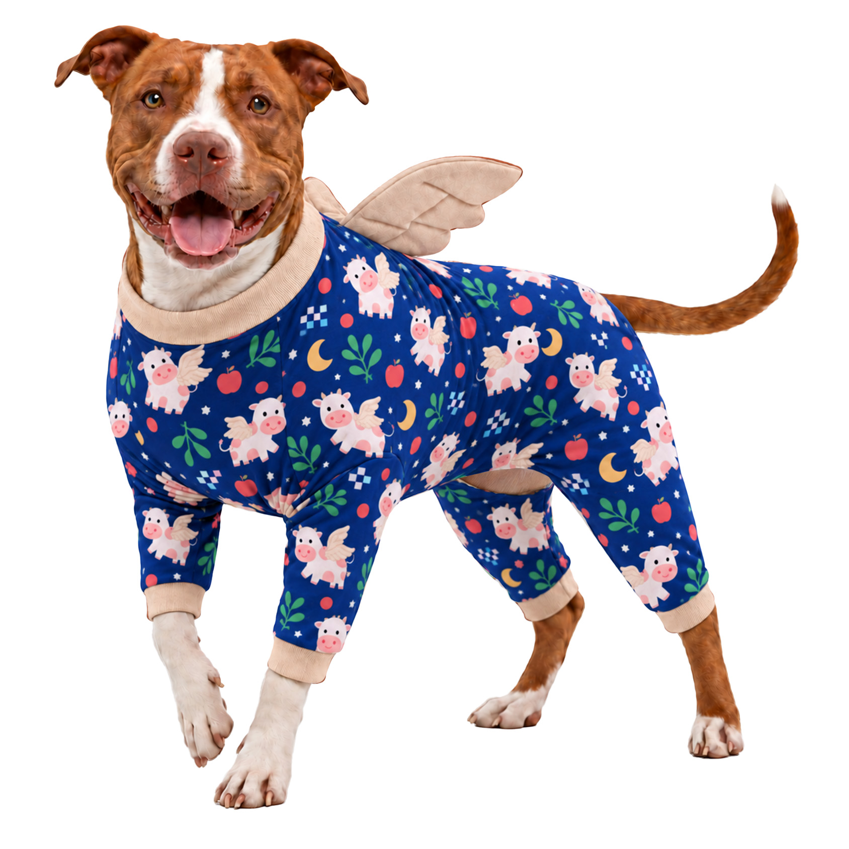LovinPet Large Dog Pajamas with Wings, Dinosaur Print, Cream