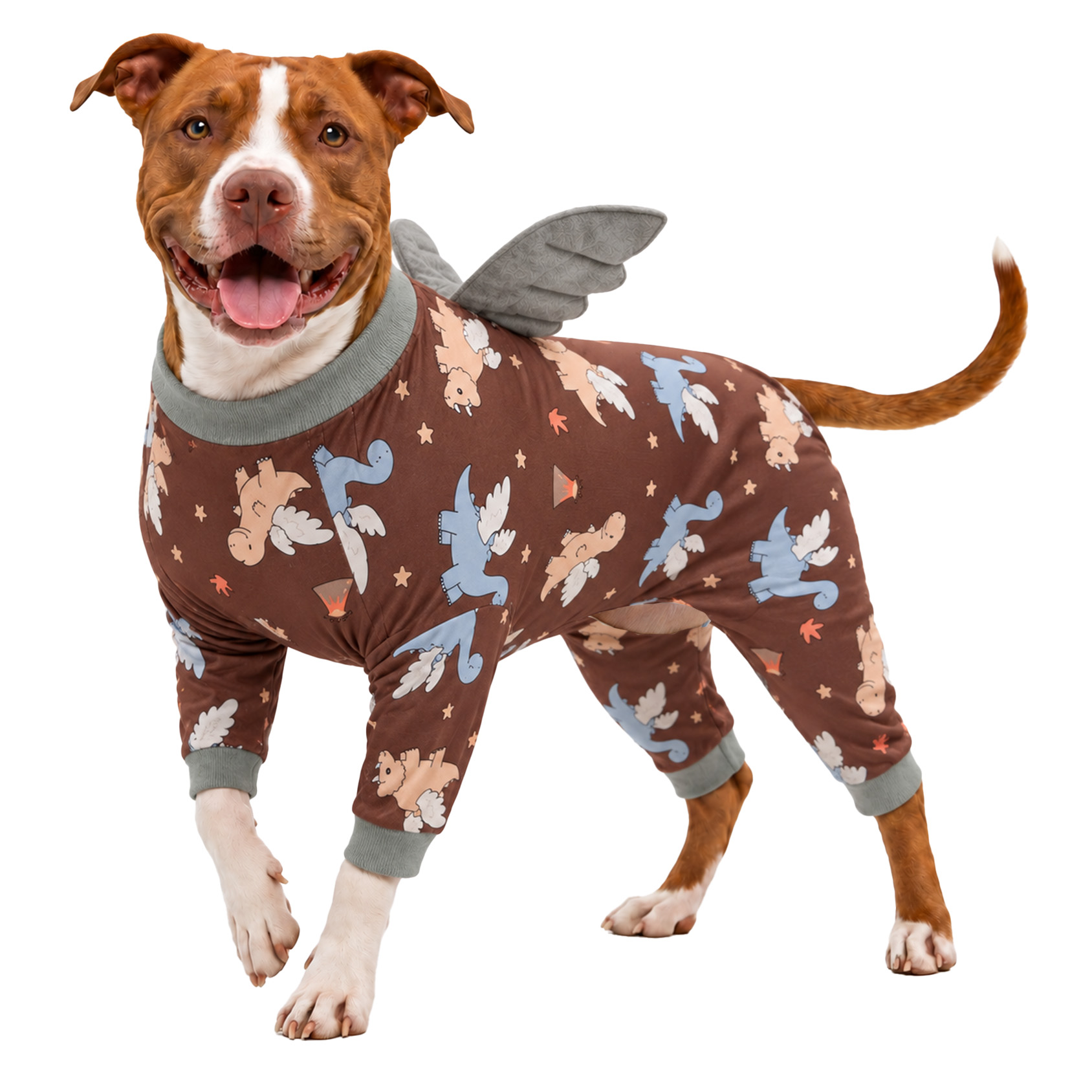 LovinPet Large Dog Pajamas with Wings, Dinosaur Print, Cream