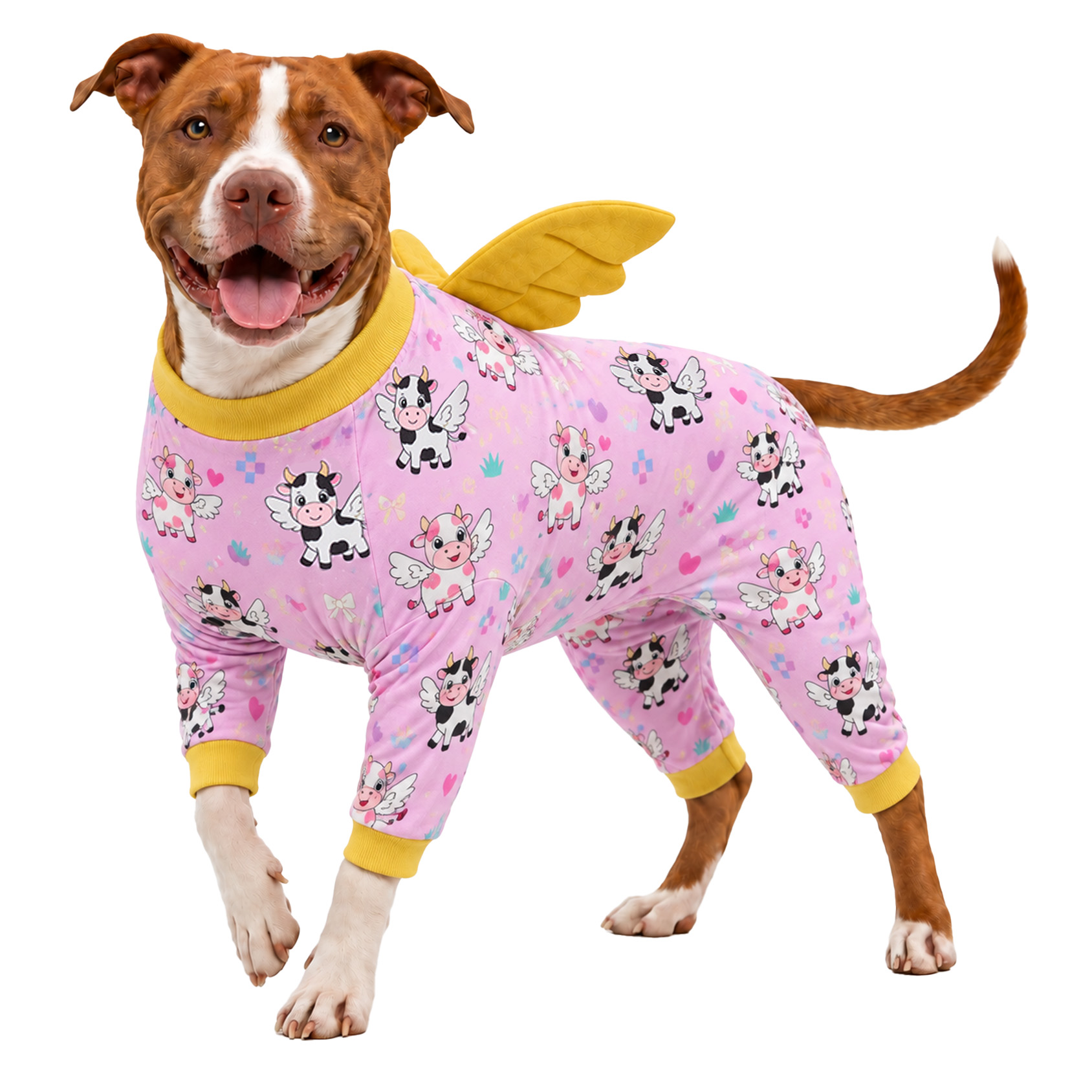LovinPet Large Dog Pajamas, Pink Cow 4-Leg Stretch Onesie, Soft Lightweight PJs