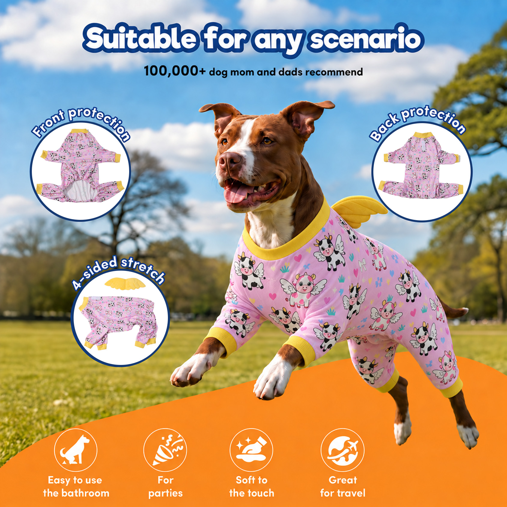 LovinPet Large Dog Pajamas, Pink Cow 4-Leg Stretch Onesie, Soft Lightweight PJs