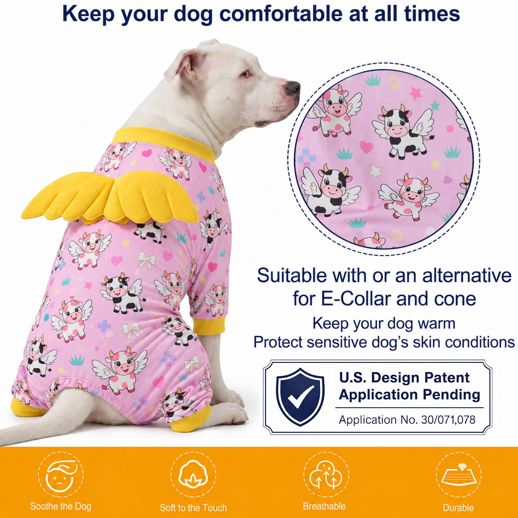 LovinPet Large Dog Pajamas, Pink Cow 4-Leg Stretch Onesie, Soft Lightweight PJs