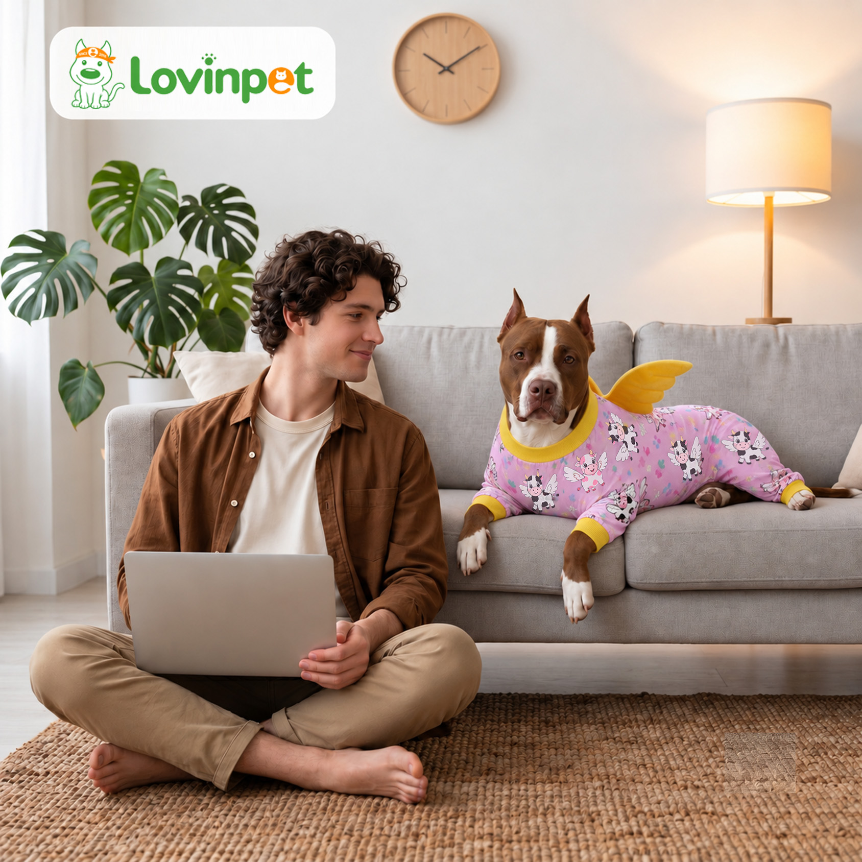 LovinPet Large Dog Pajamas, Pink Cow 4-Leg Stretch Onesie, Soft Lightweight PJs
