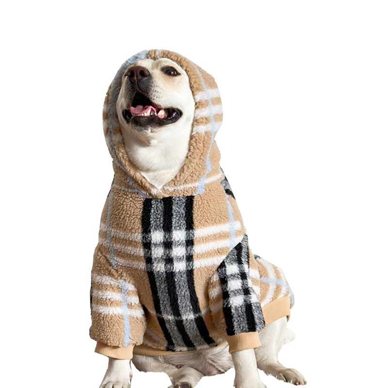 Fashionable Lamb Wool Dog Hoodie for Large Breeds - Winter Check Pattern