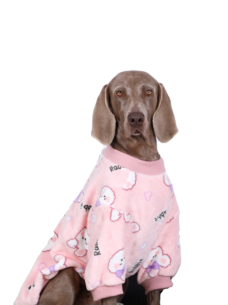 Large dog wearing Lovinpet pink fleece pajamas with a cute design, providing warmth and belly care, perfect for large breeds.