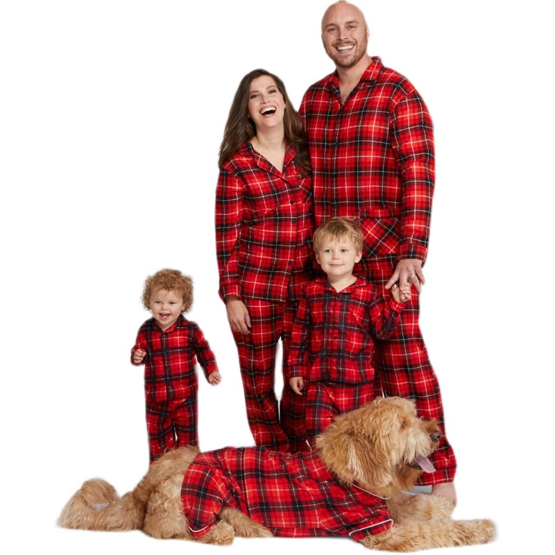 European and American spring and autumn baby one-piece romper parent-child suit Christmas family four-mouth plaid shirt pajamas homewear