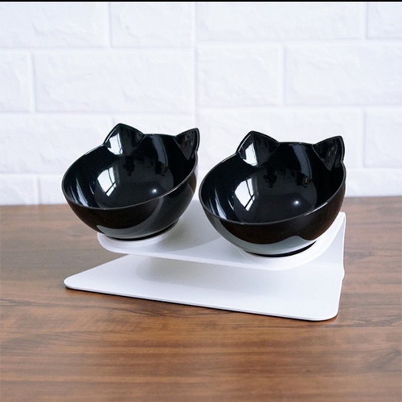 Cat bowl cat double Bowl tilt 15 掳 neck protection anti splash dog bowl drink fountain pet double Bowl