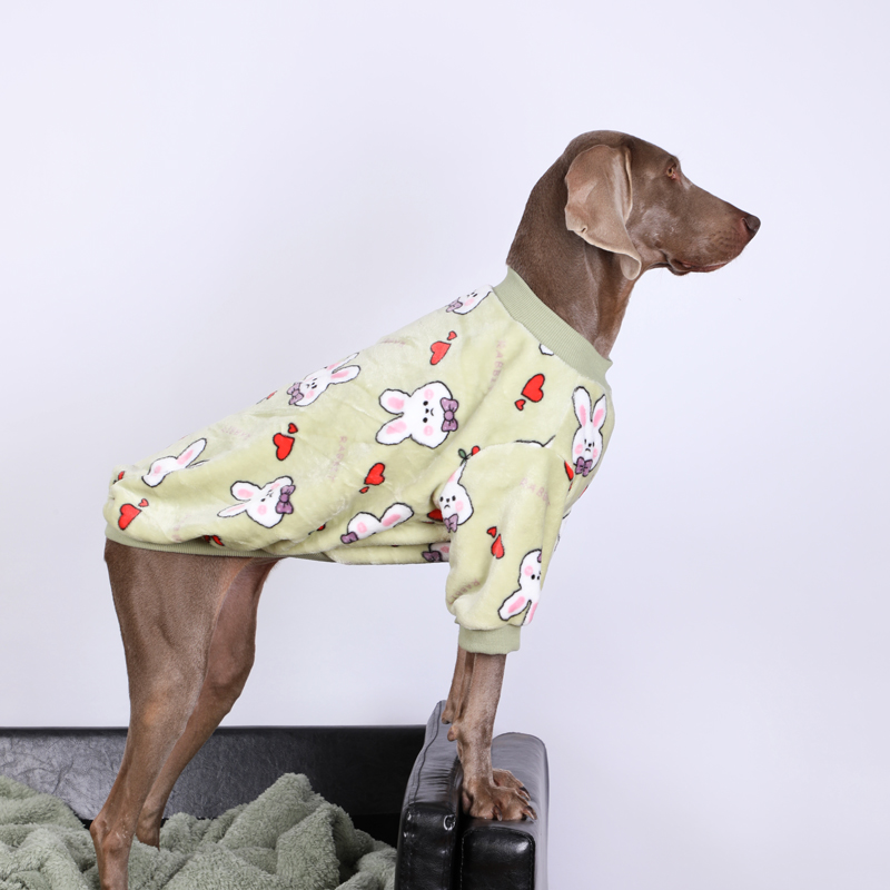 Large dog in Lovinpet green fleece pajamas with a cute bunny and heart design, standing on a couch, providing warmth and comfort for large breeds.