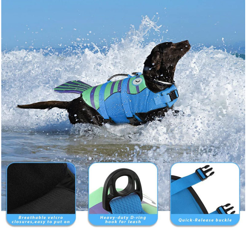 Cartoon Fishtail Dog Life Jacket | Swimming Safety Vest for All Sizes