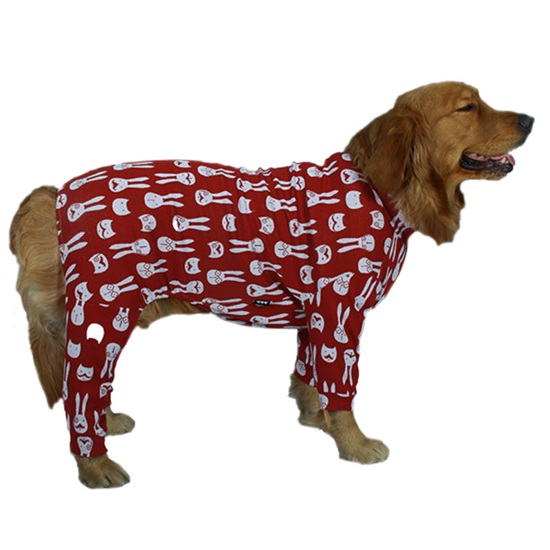 Golden Retriever wearing Lovinpet red cotton dog pajamas with a white rabbit pattern, designed for comfort and style, ideal for large dogs.