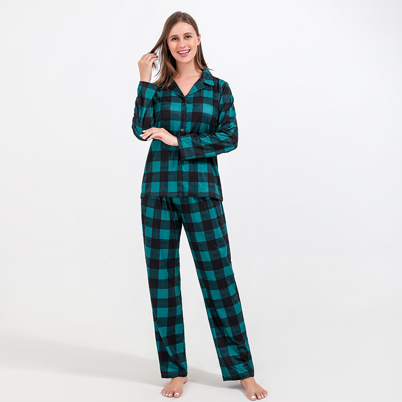 European and American Christmas dog parent-child wear blue plaid pajamas parent-child father-son baby long sleeve shirt homewear suit