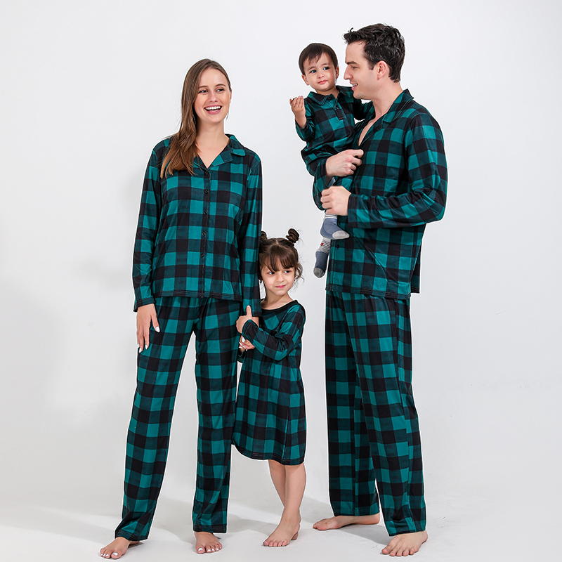 European and American Christmas dog parent-child wear blue plaid pajamas parent-child father-son baby long sleeve shirt homewear suit