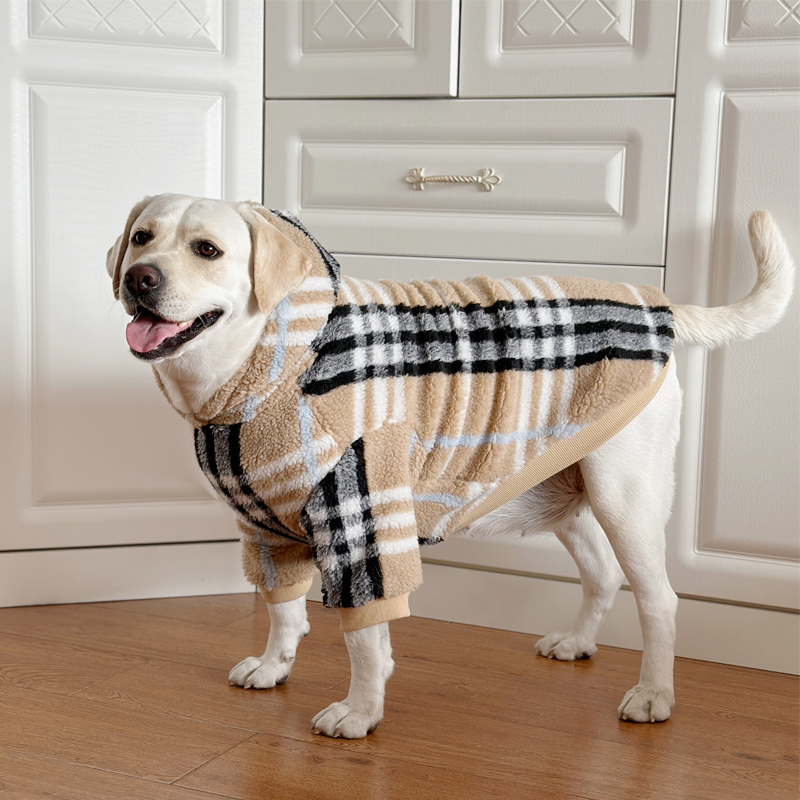 Fashionable Lamb Wool Dog Hoodie for Large Breeds - Winter Check Pattern