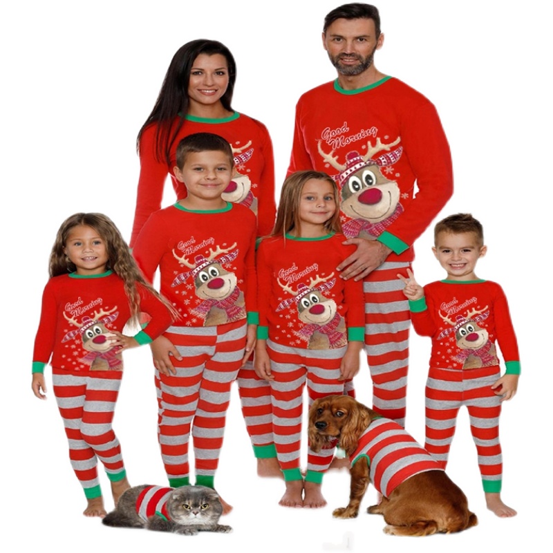 ins Christmas foreign trade Family pajamas home clothes suit cartoon elk striped printed puppy dog clothes for the whole family