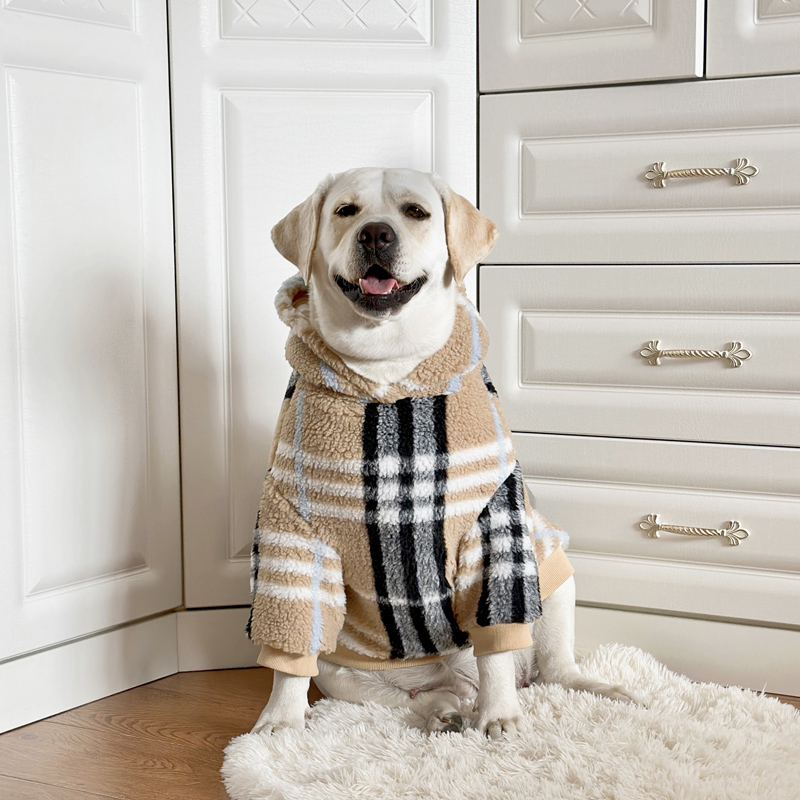 Fashionable Lamb Wool Dog Hoodie for Large Breeds - Winter Check Pattern