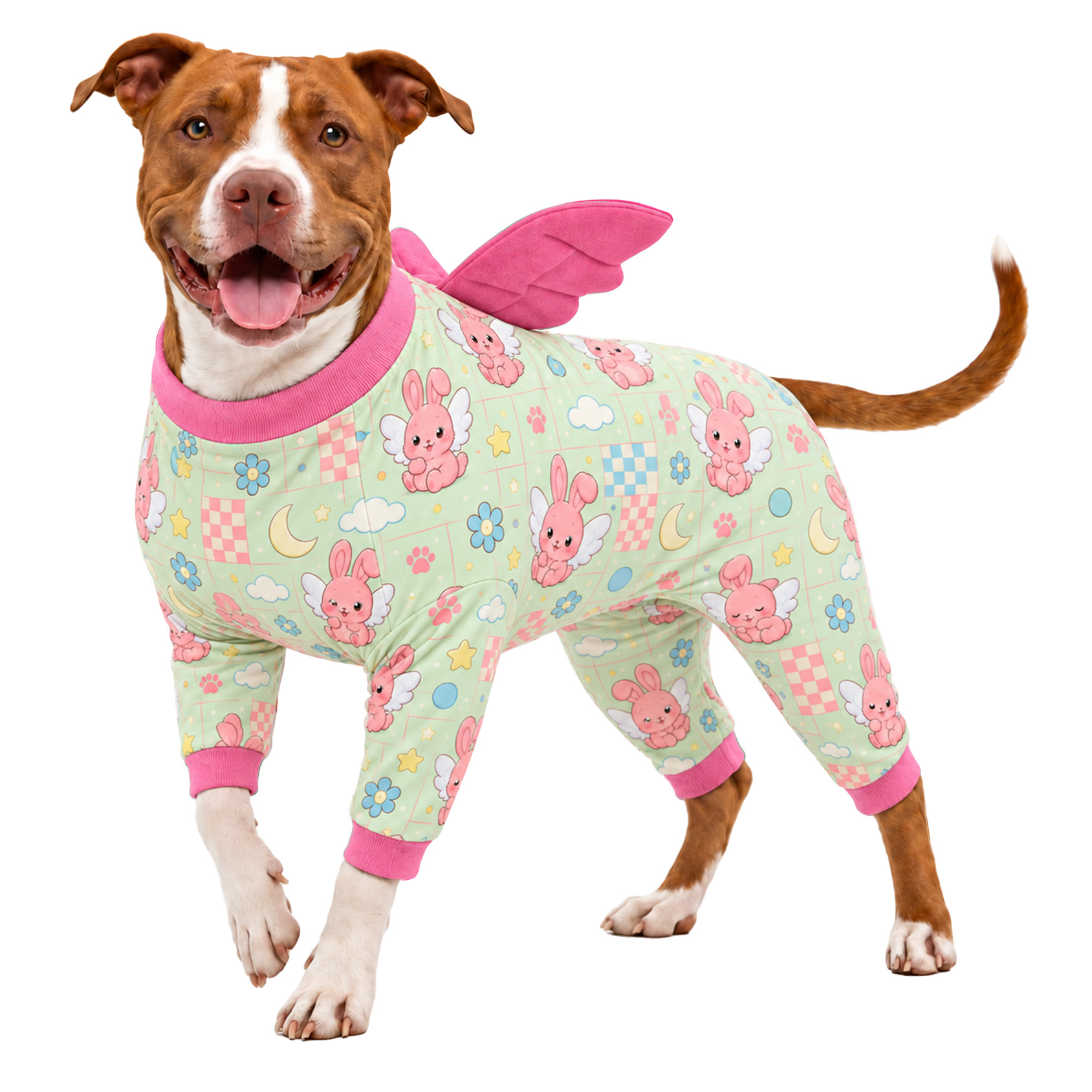 LovinPet Large Dog Pajamas with Wings, Bunny Print, Coral Cream