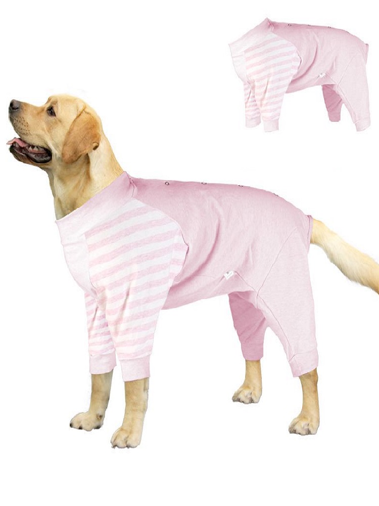 Large dog in pink high elastic pajamas by Lovinpet, featuring striped sleeves and back-breasted design for comfort and convenience.