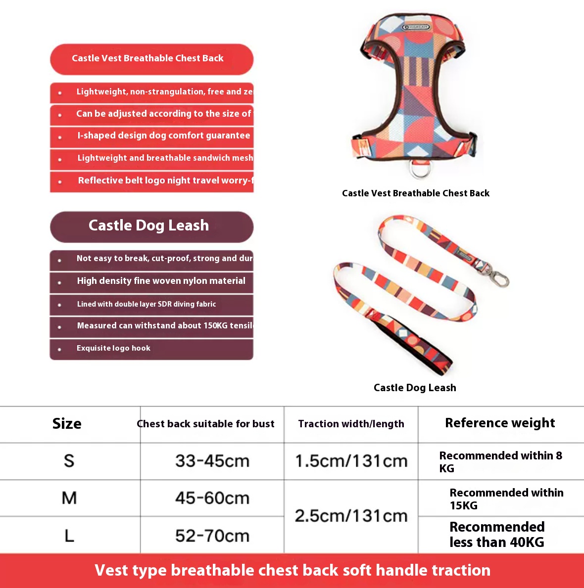 Castle vest dog hand holding rope small dog chest strap anti breaking loose puppy dog leash