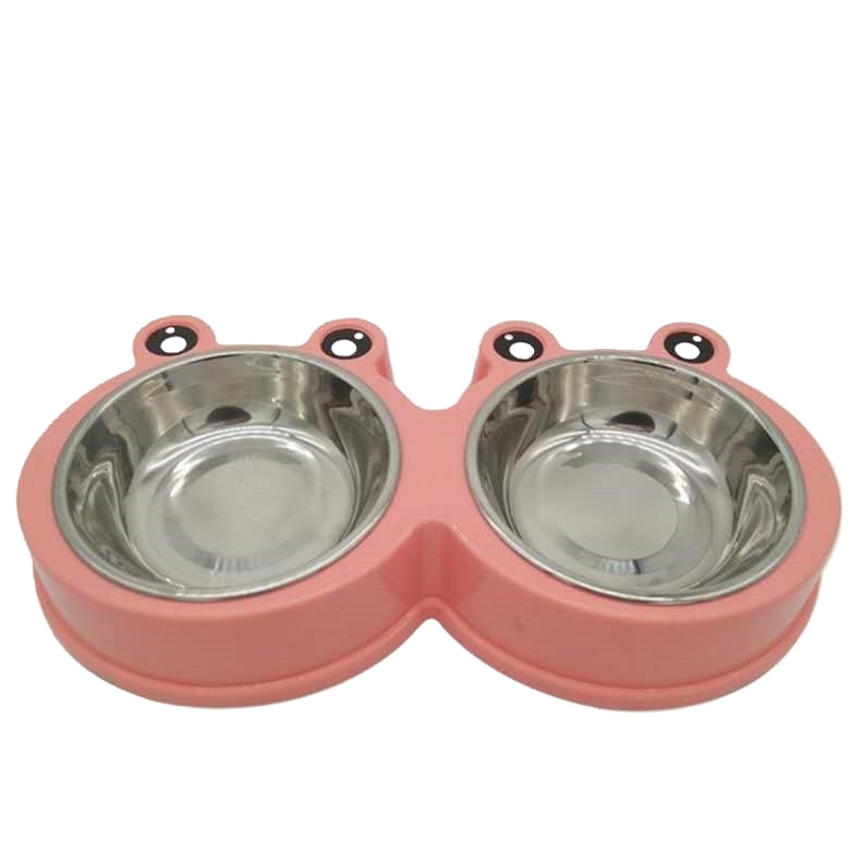 Pet Bowl cartoon pet dog bowl stainless steel frog double bowl reduce overflow dog bowl dog