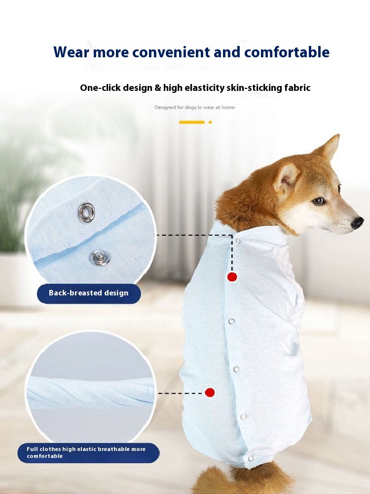 Shiba Inu wearing Lovinpet blue high elastic dog pajamas with back-breasted design and high elasticity skin-sticking fabric for convenience and comfort.